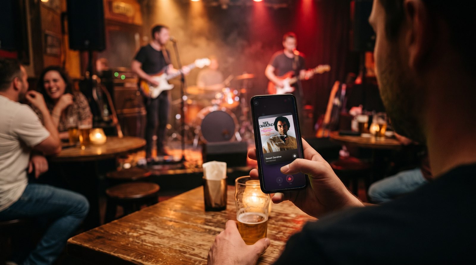 A guest at a bar table holds up a phone showing Sweet Caroline on Stage Friend's voting card, while a three-piece band plays on the stage behind.