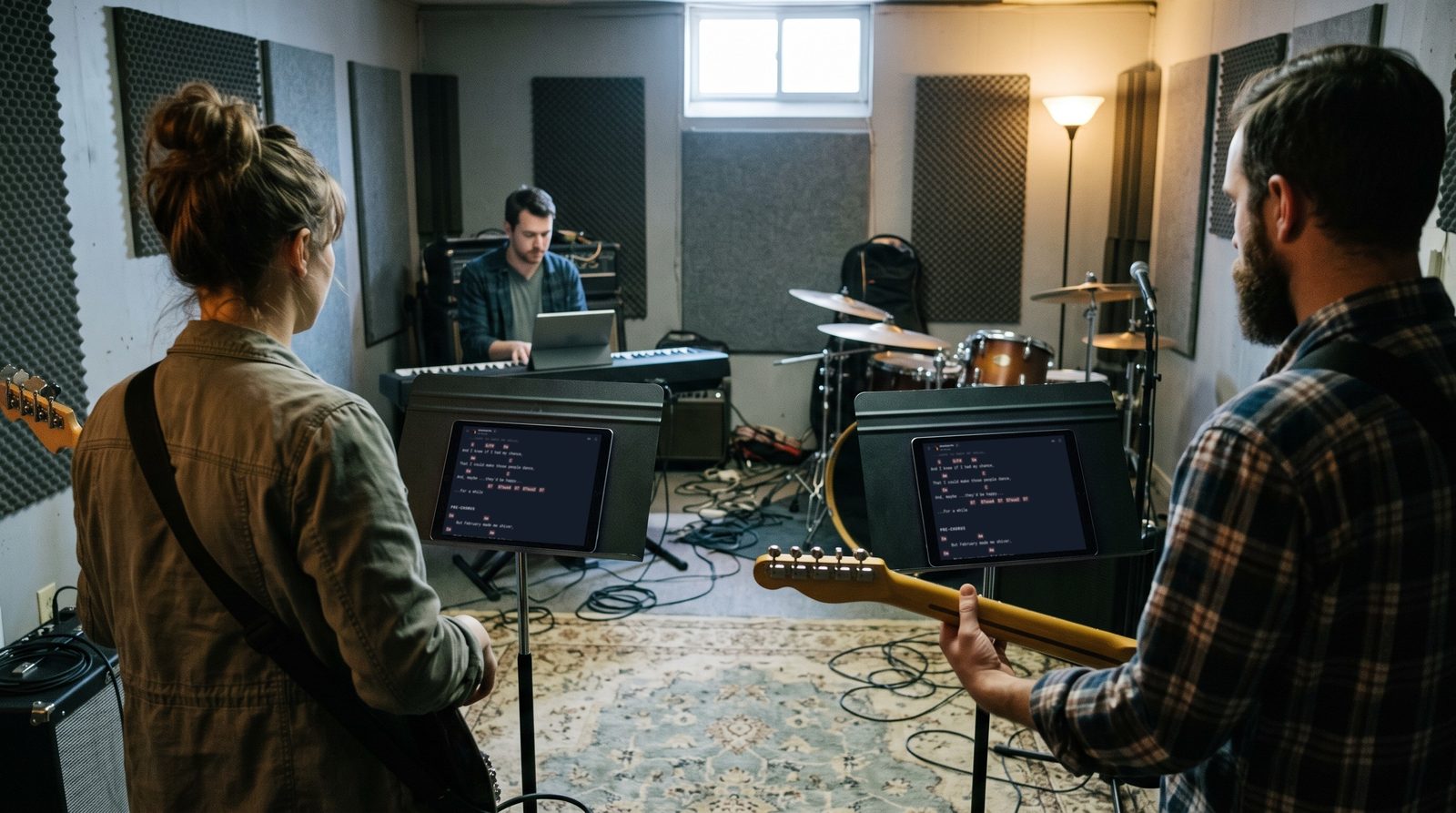 In a band's rehearsal room, a bass player and a guitarist seen from behind each read the same song in Stage Friend on a tablet on a music stand, while the keyboard player across the room leads from his own tablet.