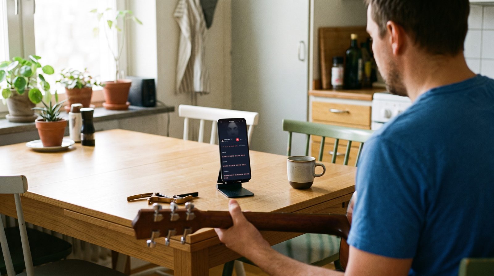 In a sunlit kitchen, someone practises on an acoustic guitar, seen over the shoulder, reading Piano Man's chords in Stage Friend on a phone in a stand on the table beside a coffee mug.