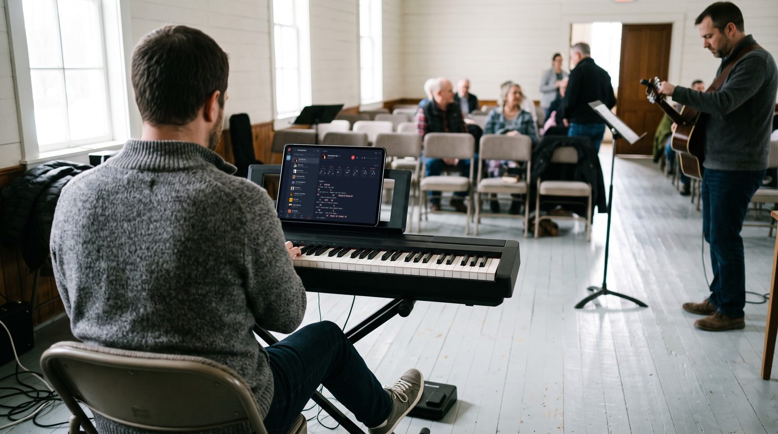 In a church hall on a Sunday morning, a keyboard player seen from behind reads the setlist beside the current song in Stage Friend on a tablet on his keyboard, with a page turner pedal by his foot.