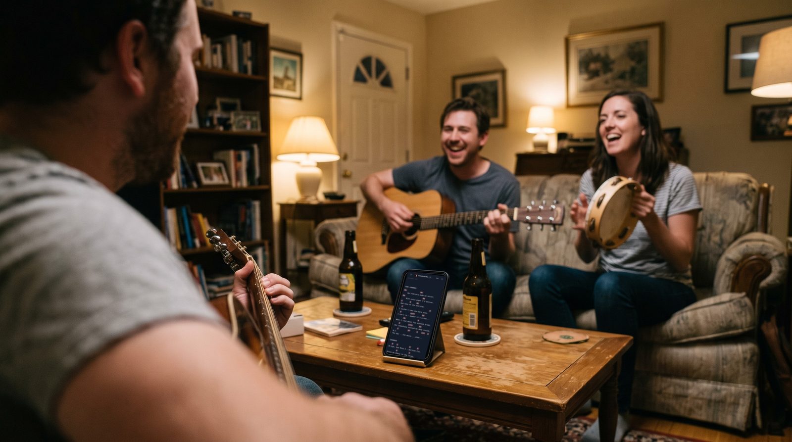 Three friends play acoustic guitar and tambourine in a living room, reading lyrics and chords in Stage Friend on a phone in a stand on the coffee table.