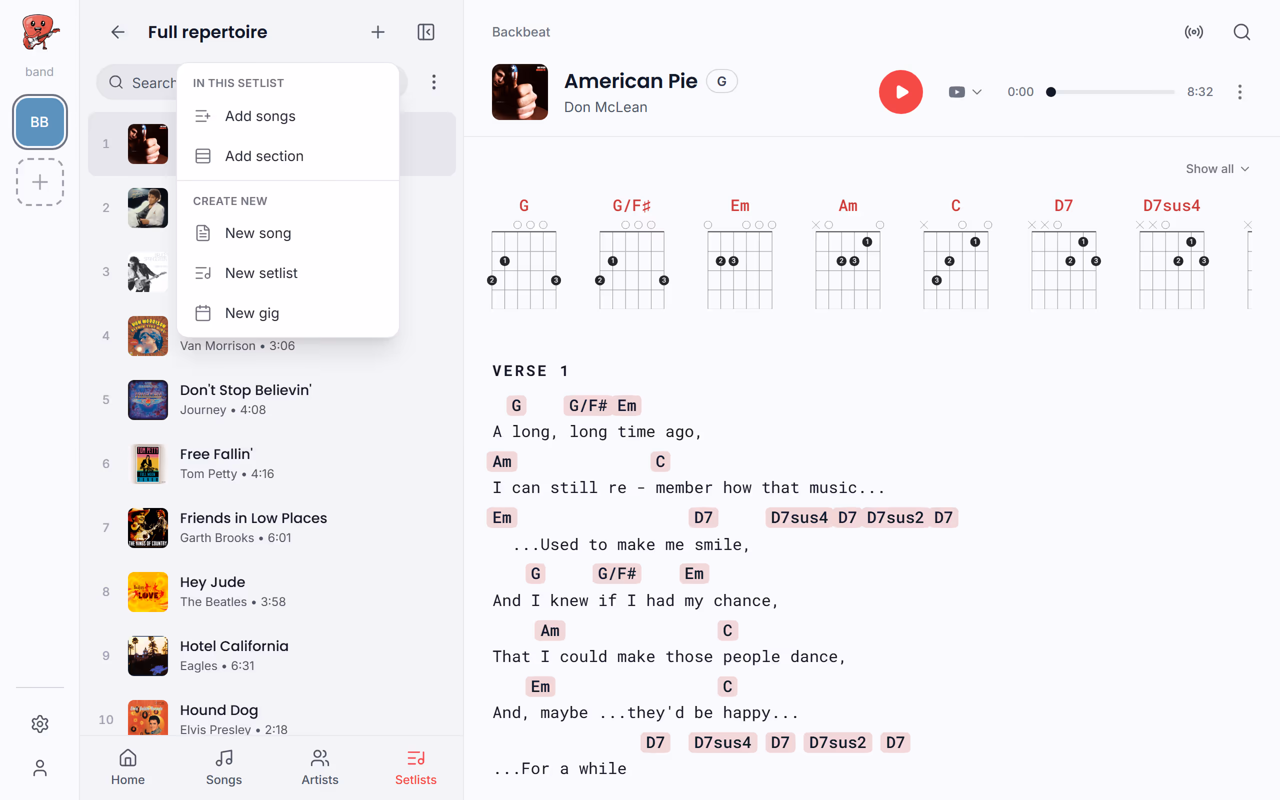 Add songs to a setlist, step by step in the Stage Friend app on a computer