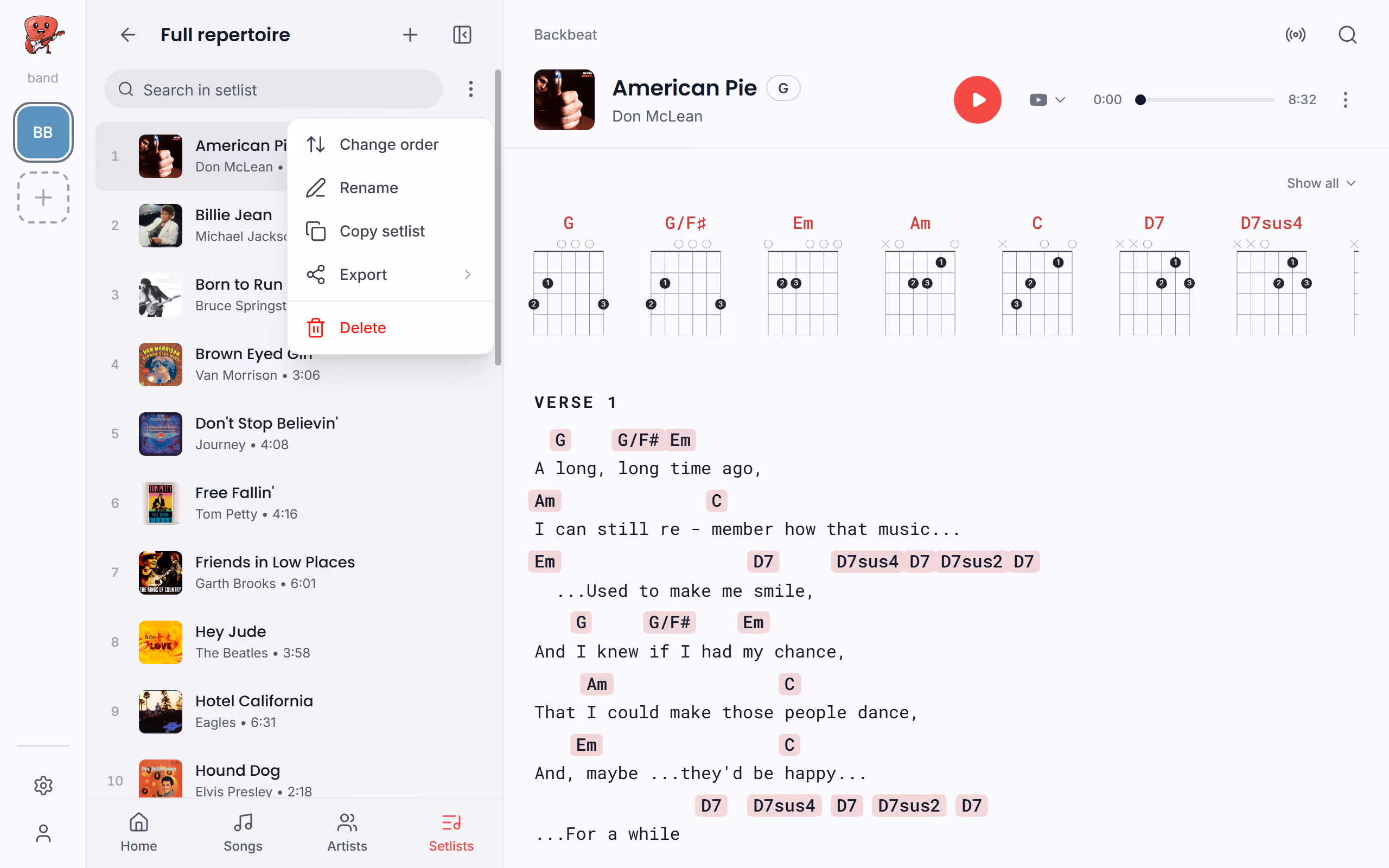 Change the order of a setlist, step by step in the Stage Friend app on a computer