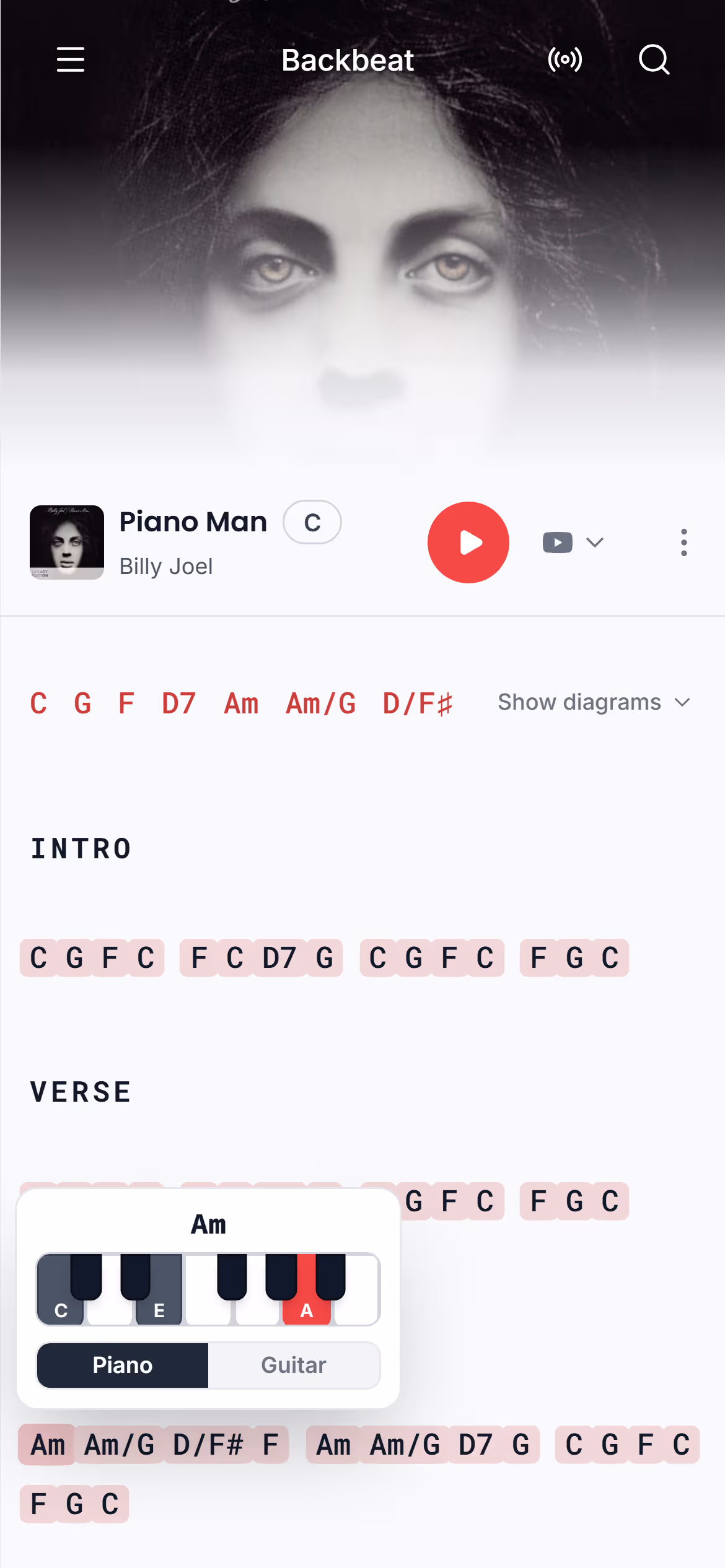 See how to play a chord on guitar or piano, step by step in the Stage Friend app on a phone