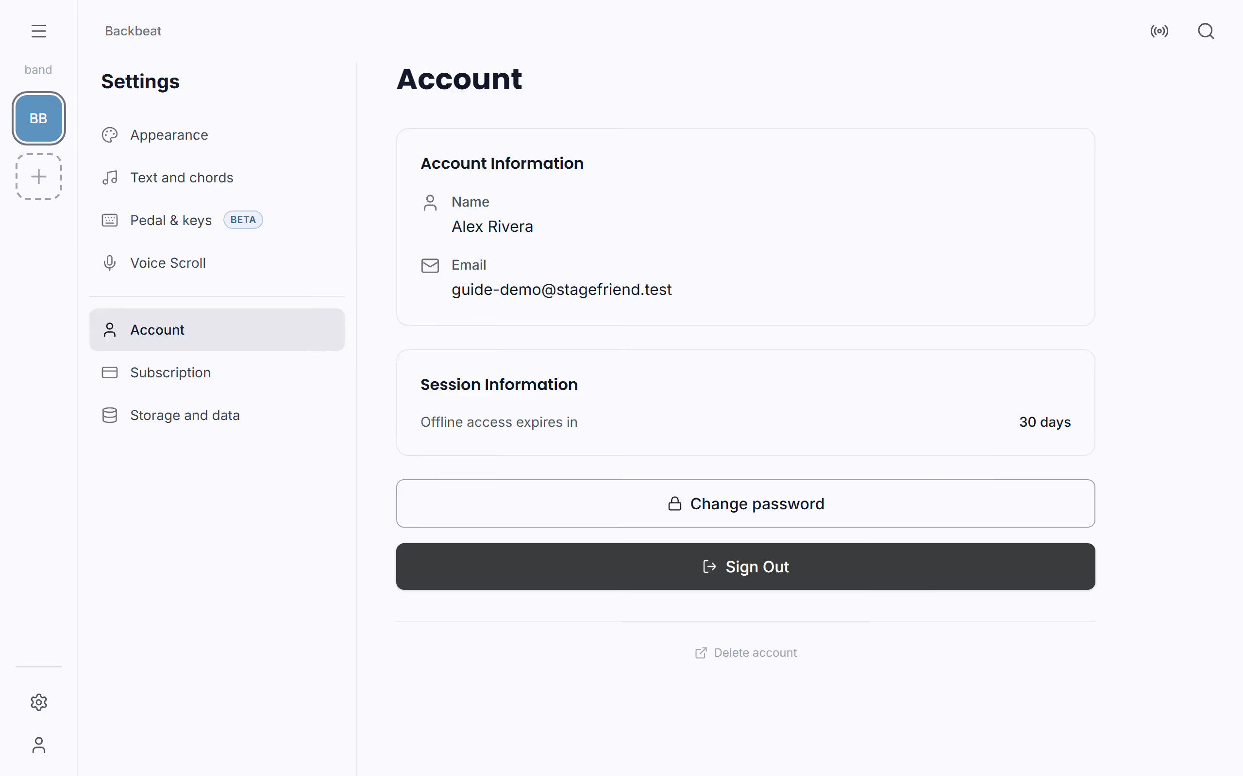 The account page in Settings in the Stage Friend app on a computer