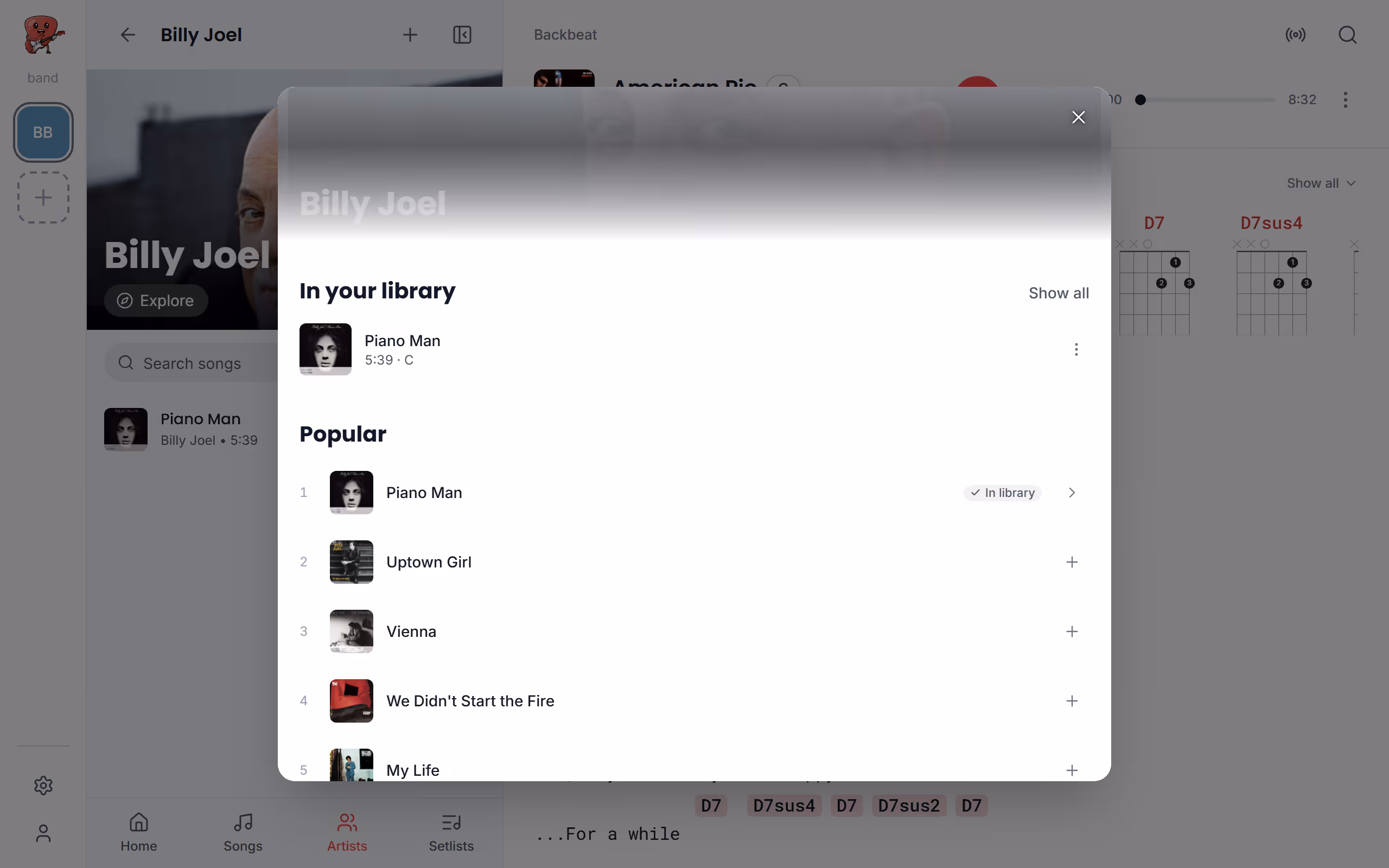 An artist's page, from Explore in the Stage Friend app on a computer: Your songs by them, Their most played songs, Already in your library, Add it to your songs, Tap for the song's page