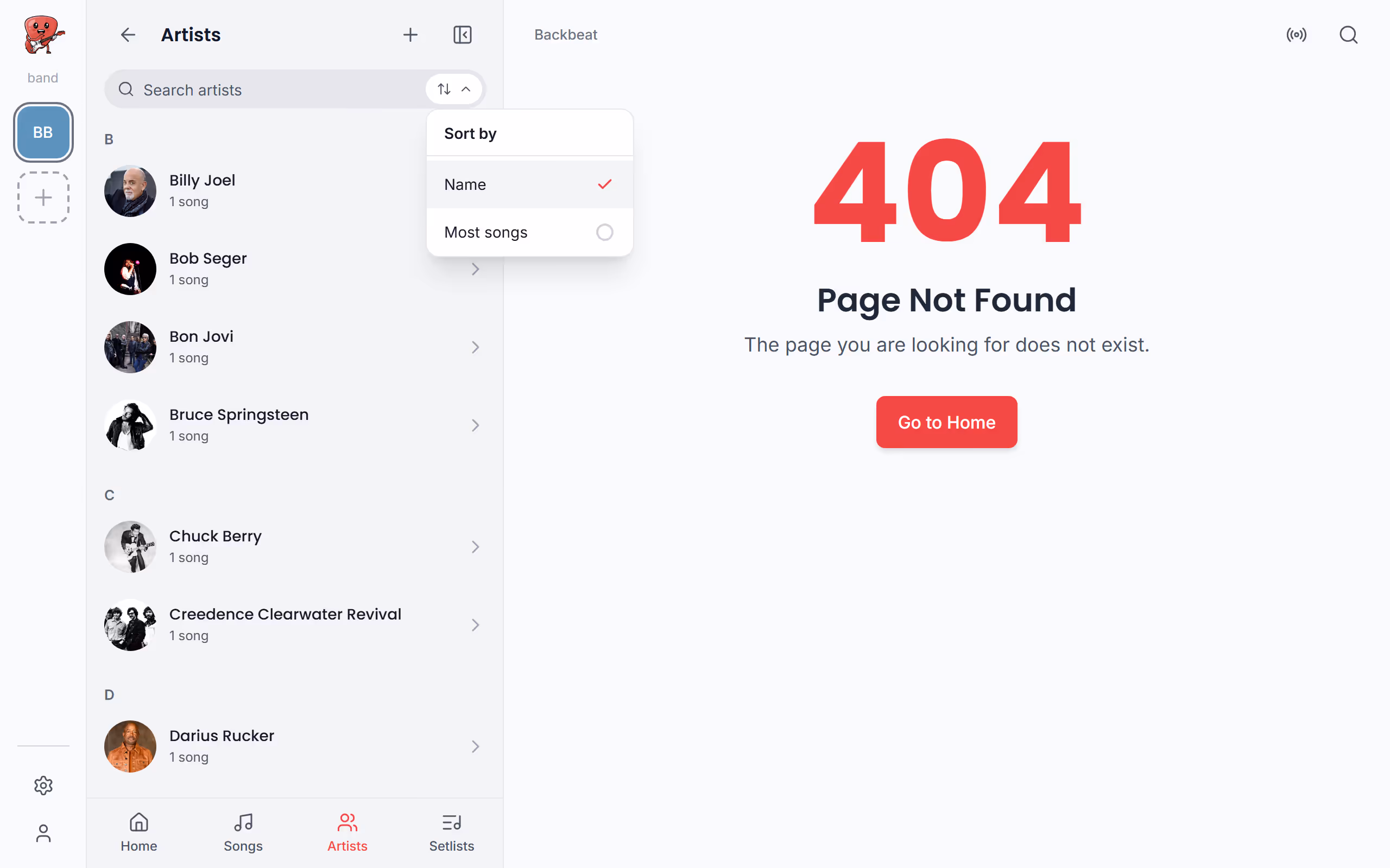 Your artists, and how to sort them in the Stage Friend app on a computer