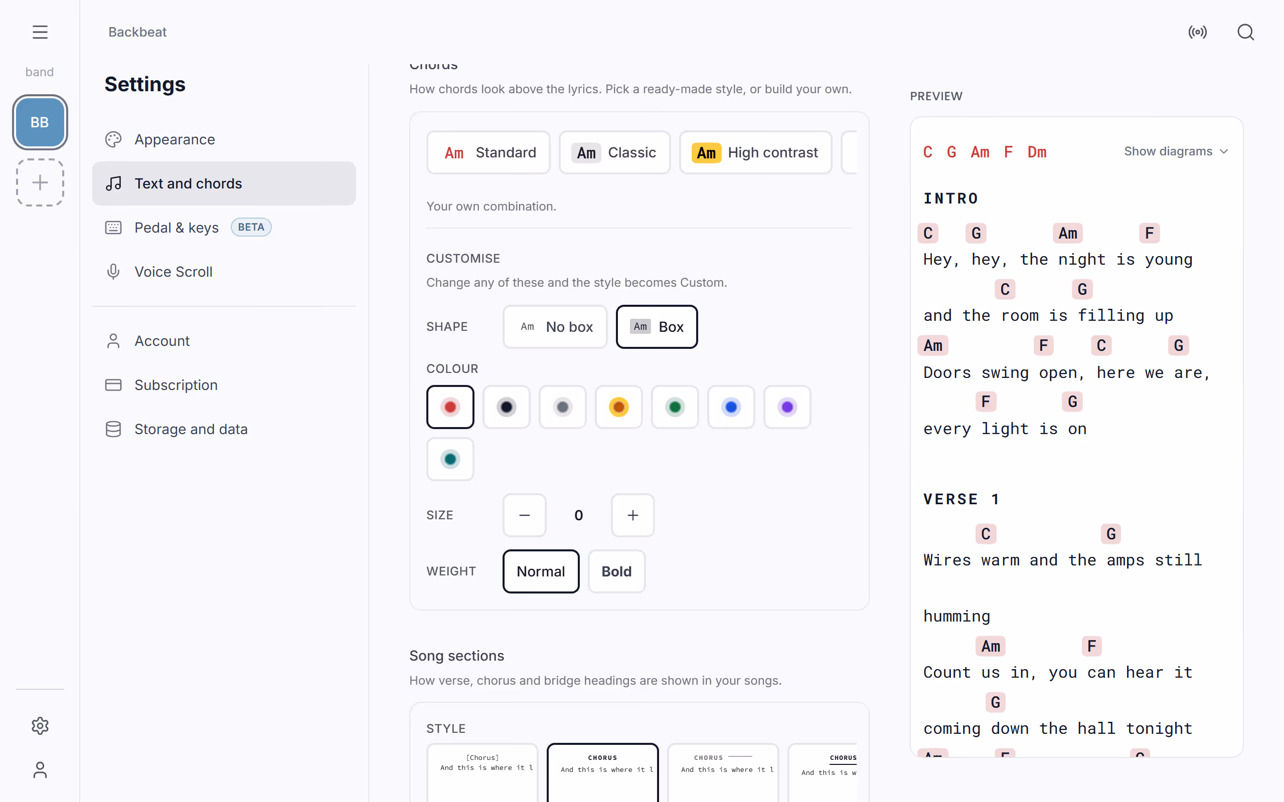 Your own chord style in the Stage Friend app on a computer