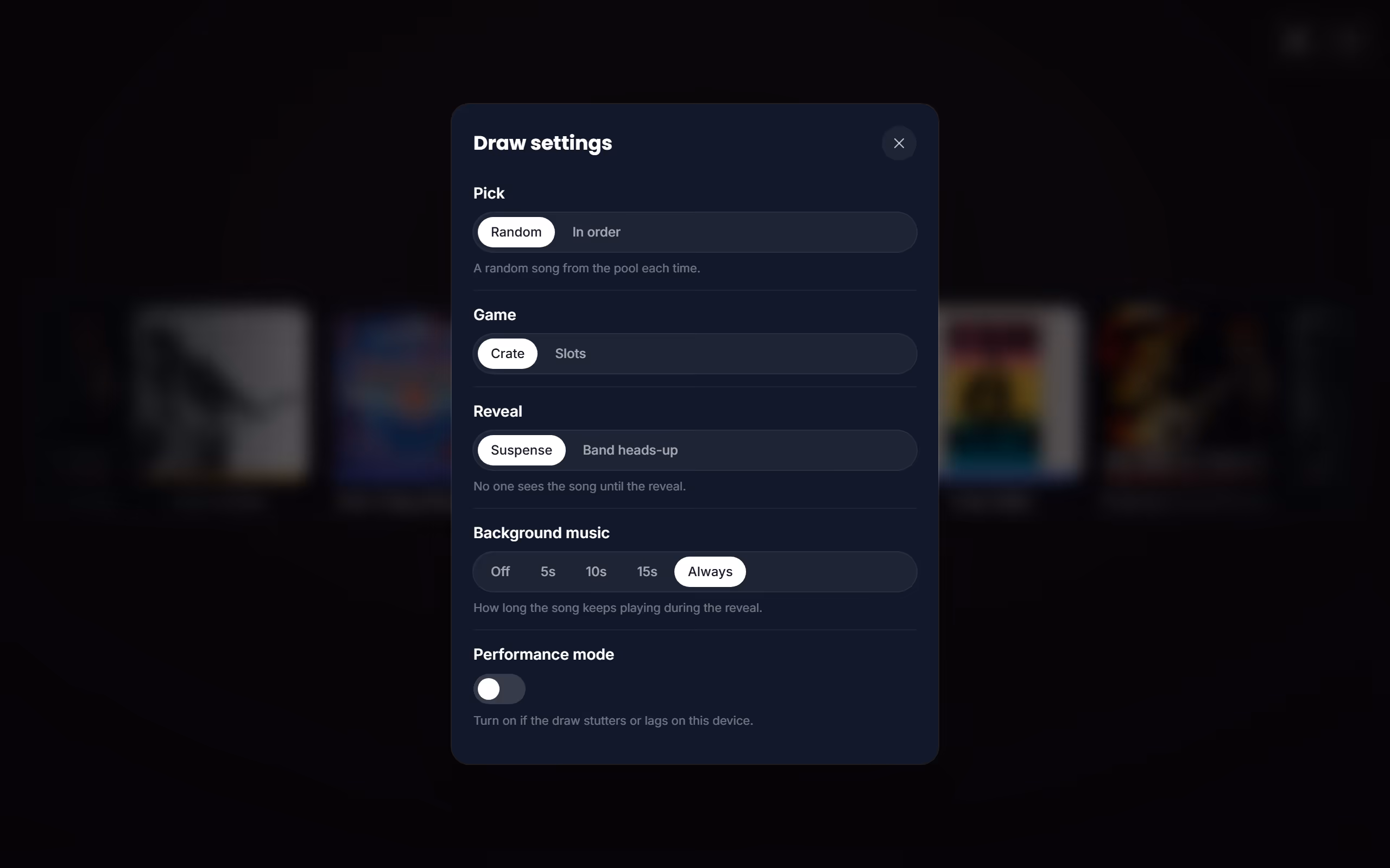 The draw settings in the Stage Friend app on a computer