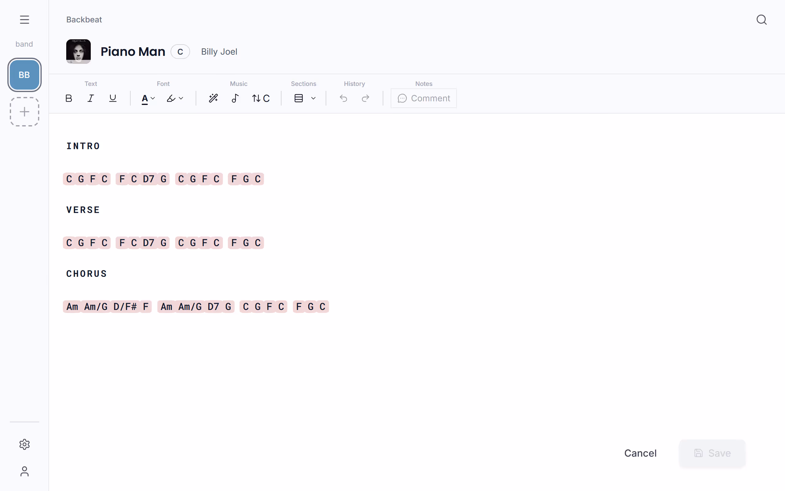 The editor's toolbar in the Stage Friend app on a computer: Bold, italic, underline, Text and highlight colour, Sprinkle Chords, Chord tool, Transpose, with the key, Song sections, Undo and Redo, Comment on selected words