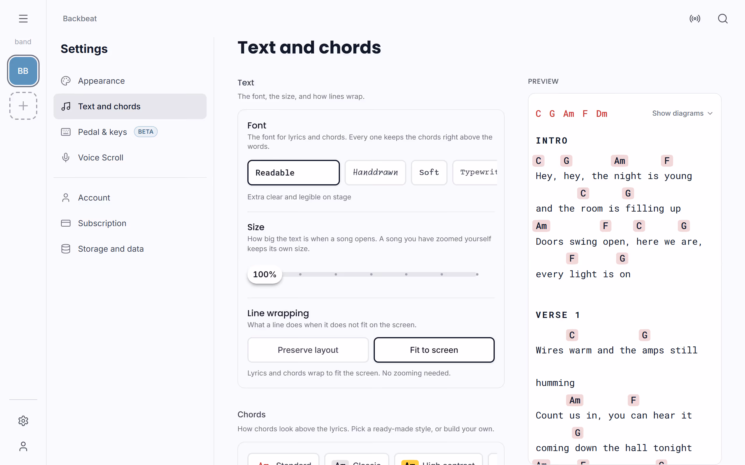 The fonts in Settings in the Stage Friend app on a computer