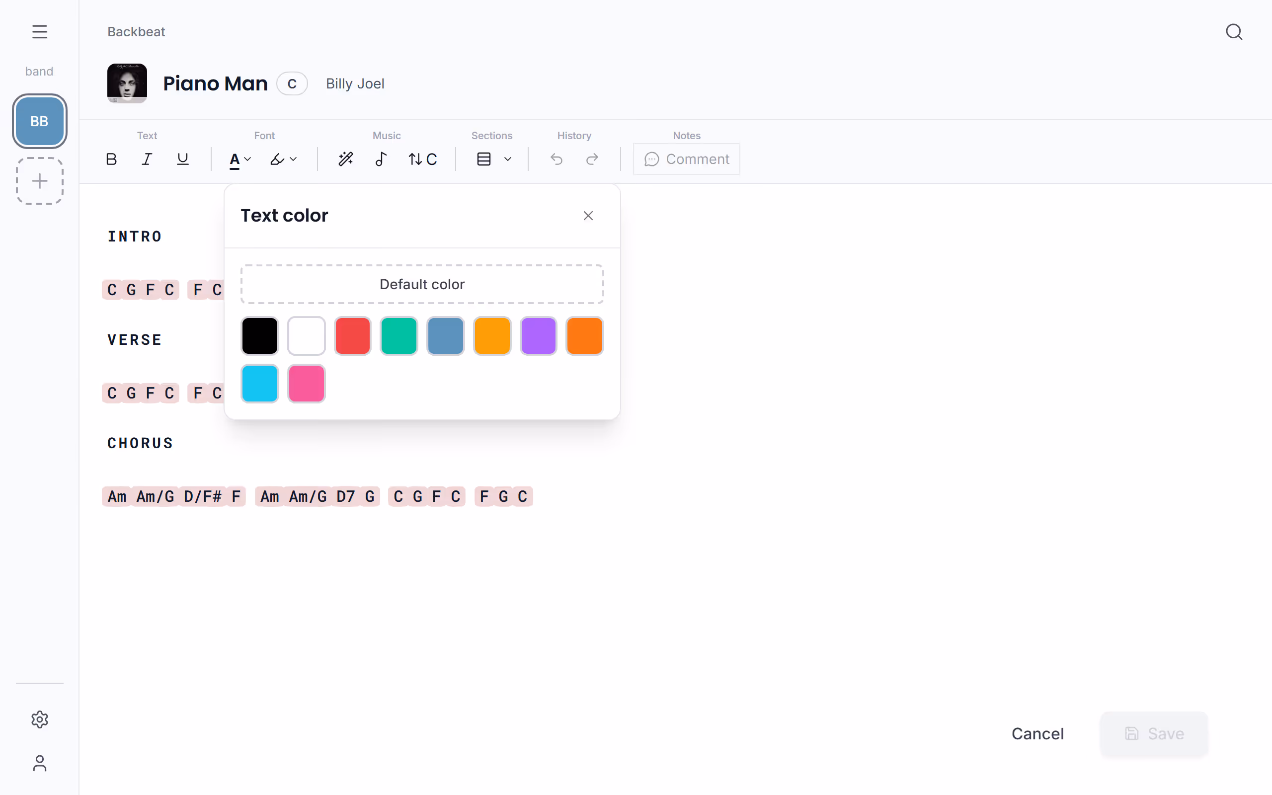 Text formatting and colours in the Stage Friend app on a computer