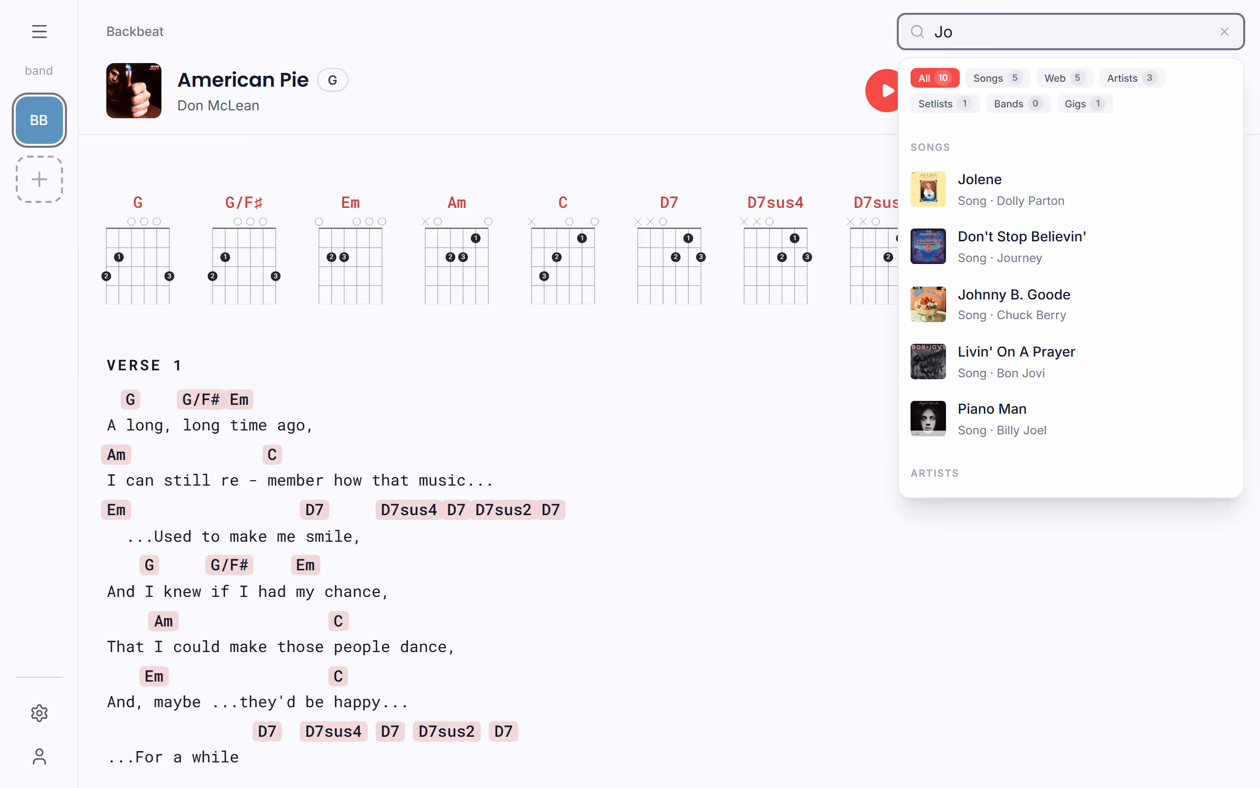 Search, with its filters in the Stage Friend app on a computer