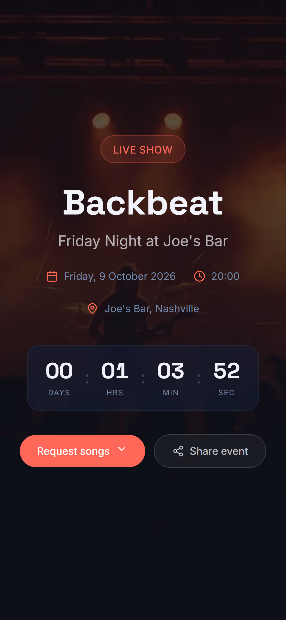 Your gig, as guests see it in the Stage Friend app on a phone