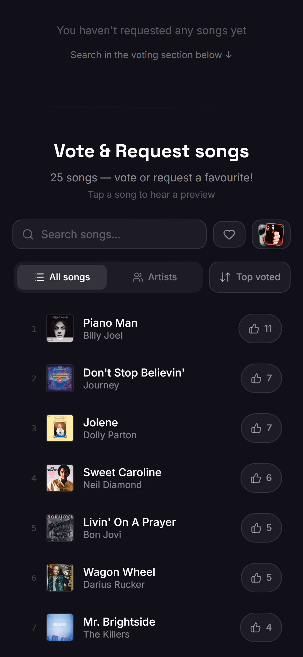 Voting, as guests see it in the Stage Friend app on a phone