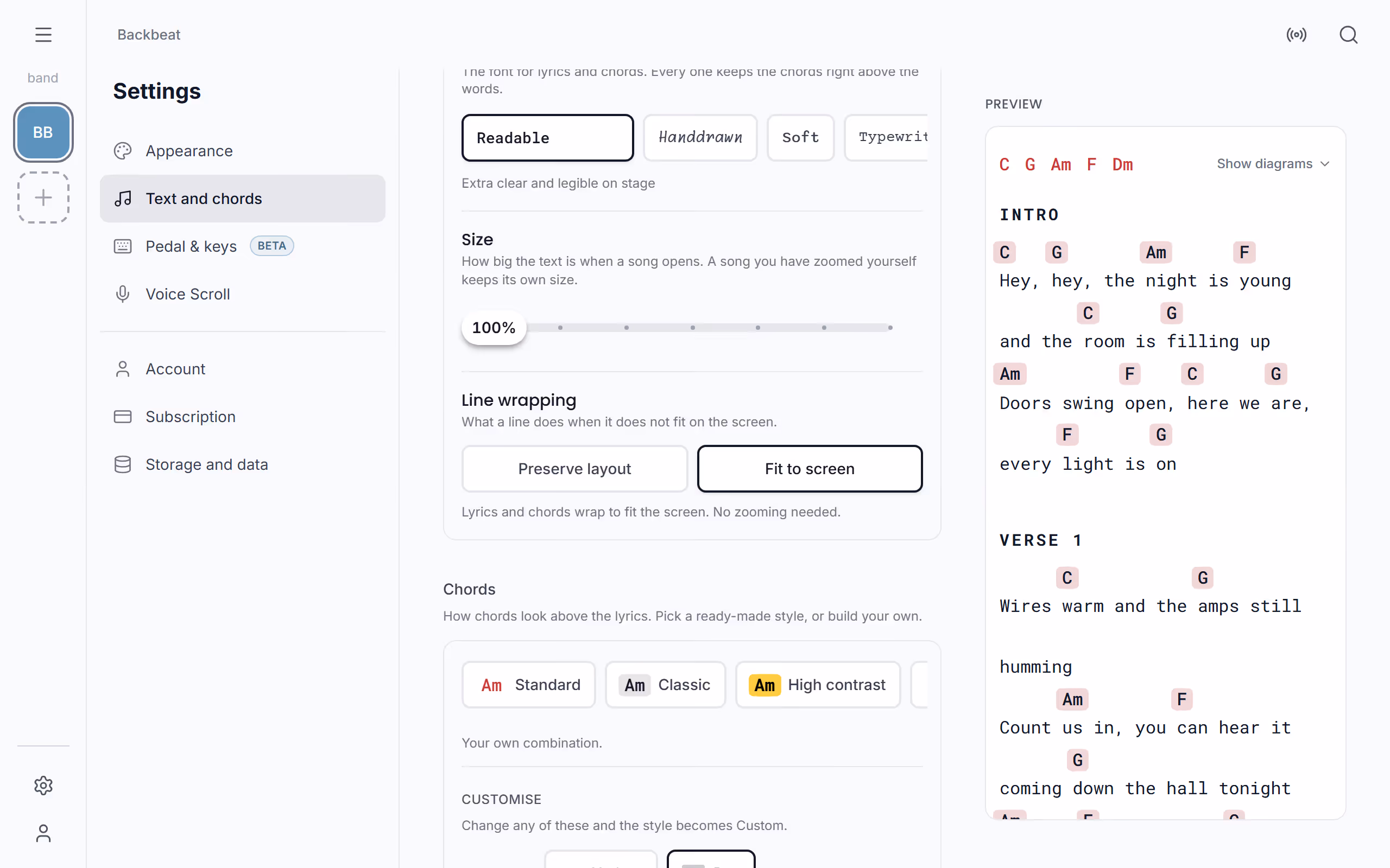 The line wrapping setting in the Stage Friend app on a computer