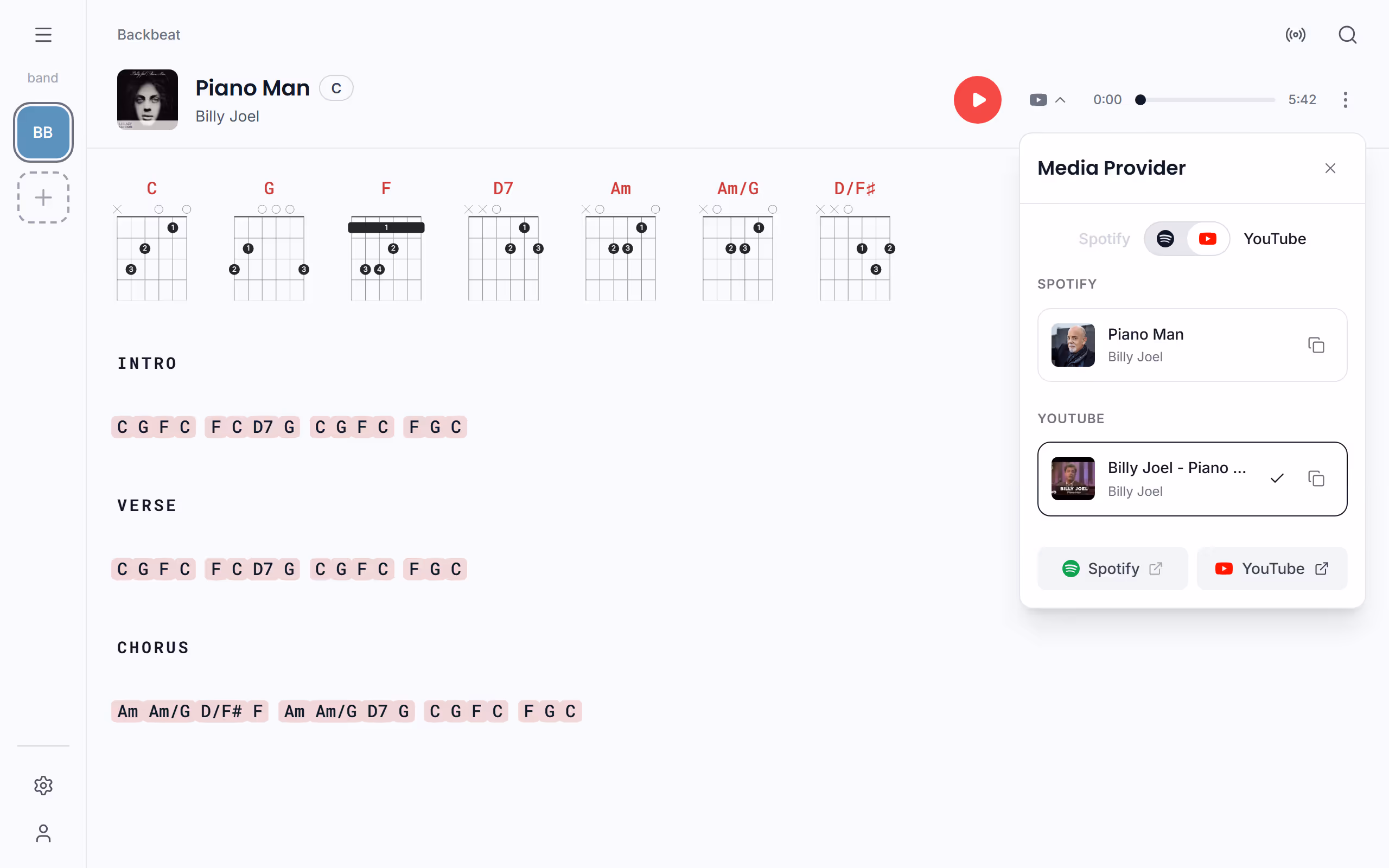 Choosing Spotify or YouTube for a song in the Stage Friend app on a computer