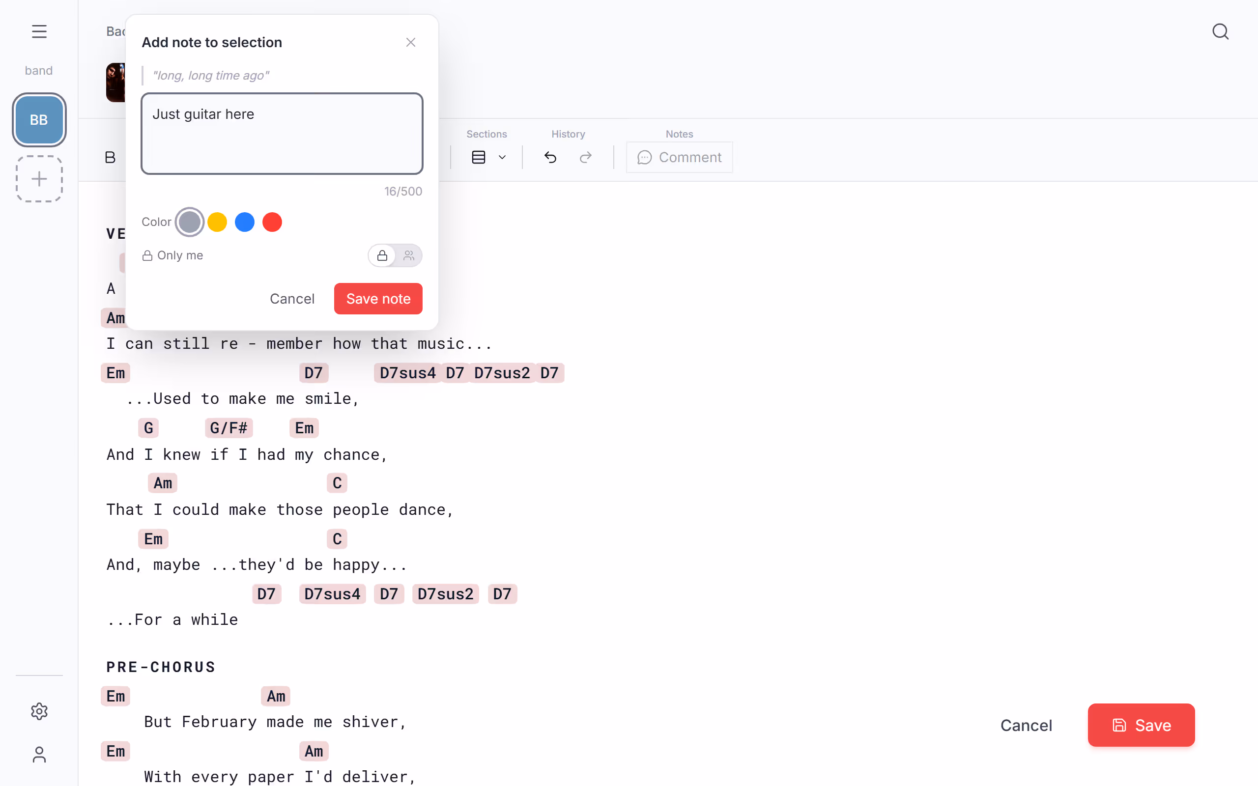 Writing a note on the lyrics in the Stage Friend app on a computer