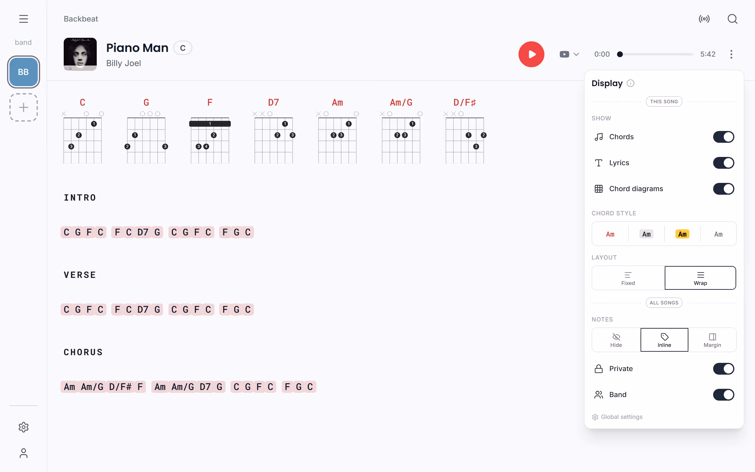 How notes show on the lyrics in the Stage Friend app on a computer