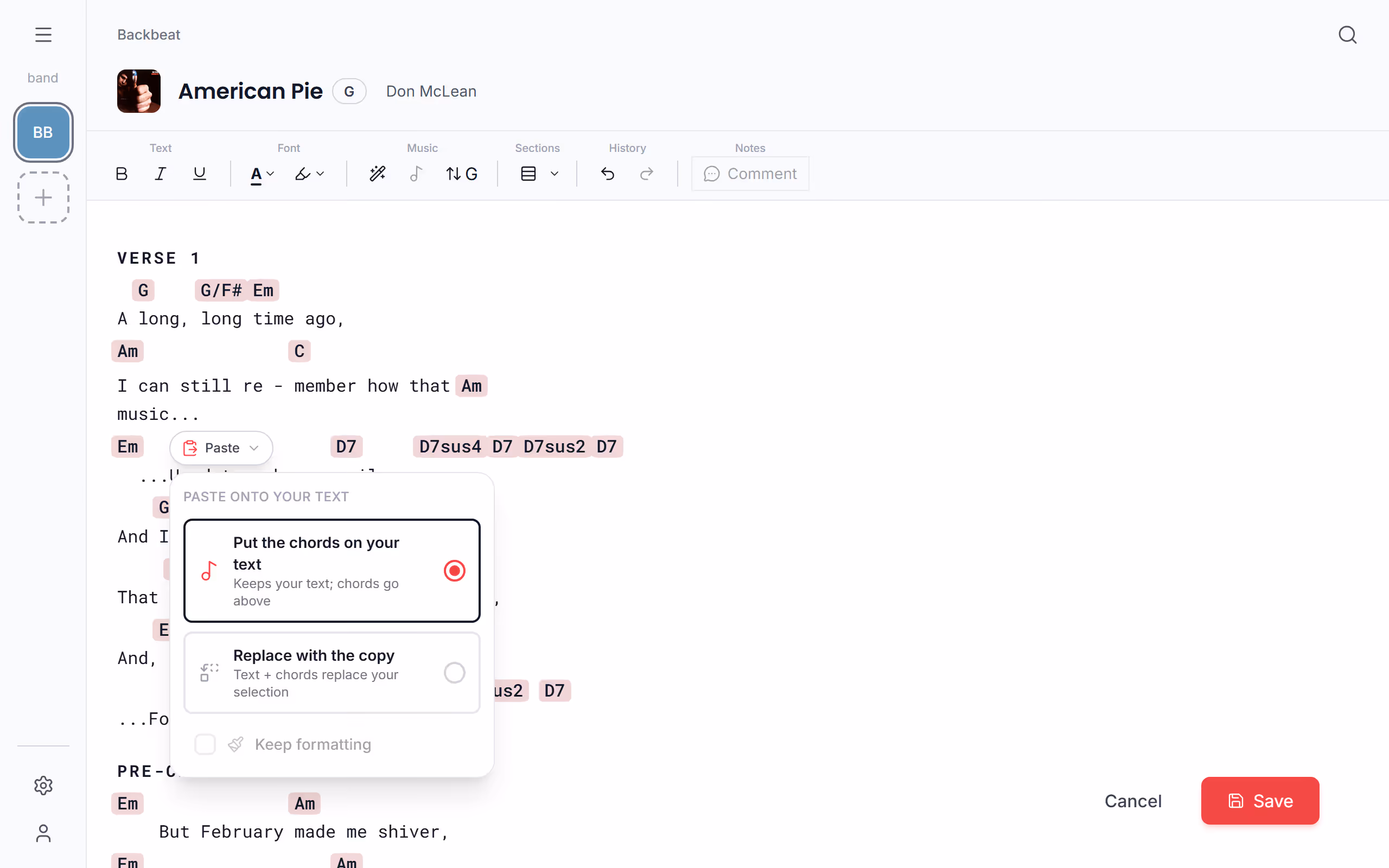 The choices after pasting onto your text in the Stage Friend app on a computer
