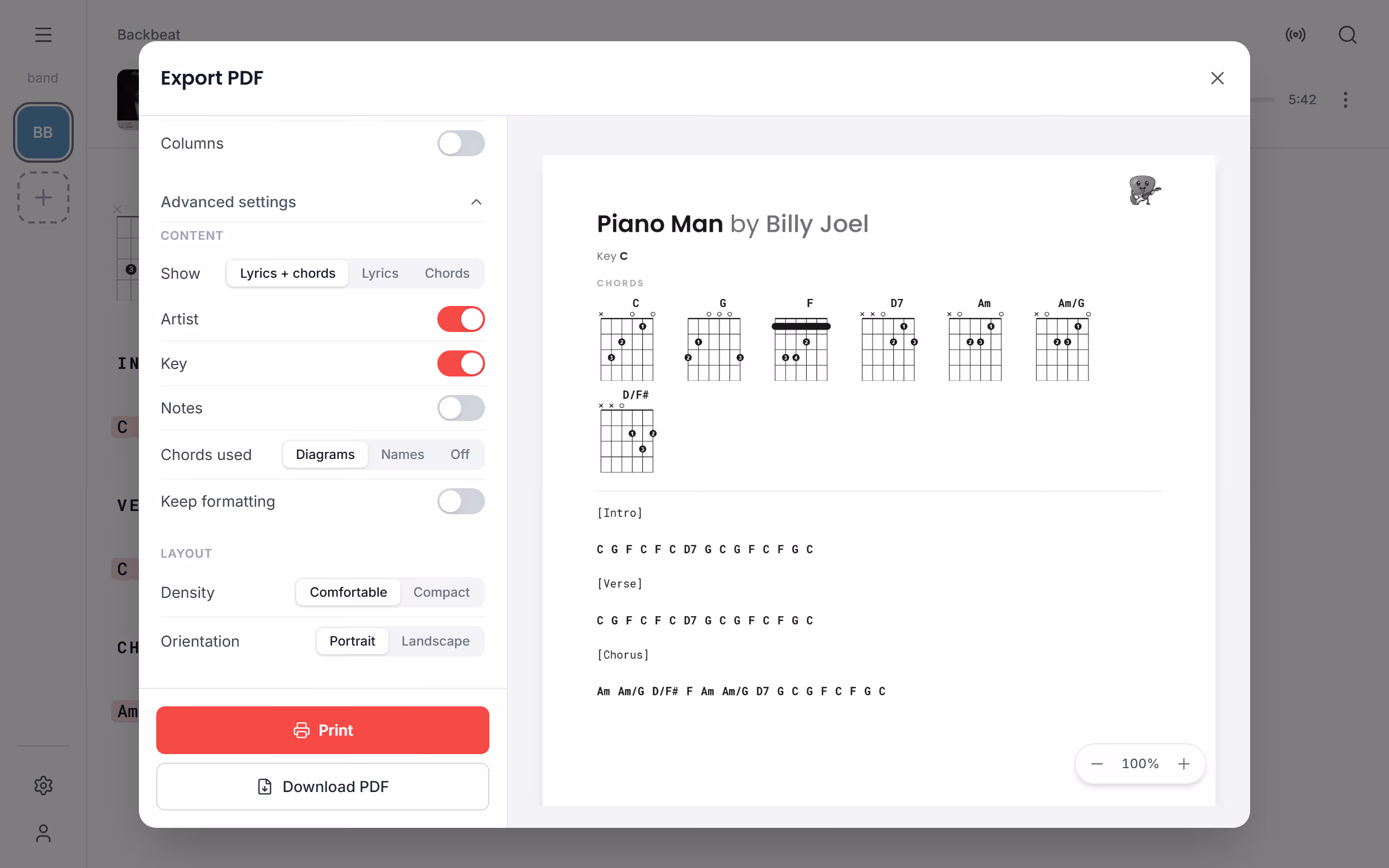 The advanced settings of a song's PDF in the Stage Friend app on a computer
