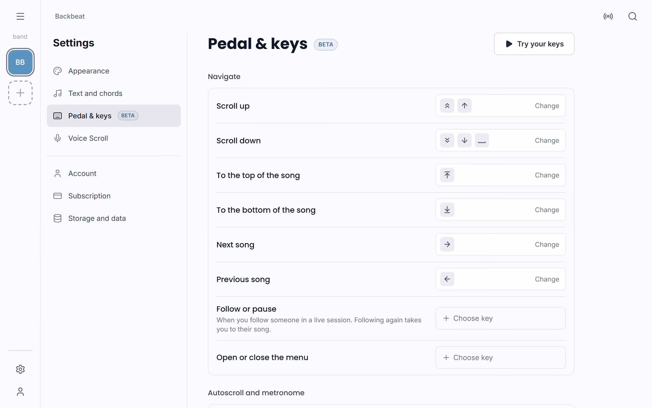 Commands and keys in Pedal & keys in the Stage Friend app on a computer: Commands in groups, The keys that run it, Choose your own key