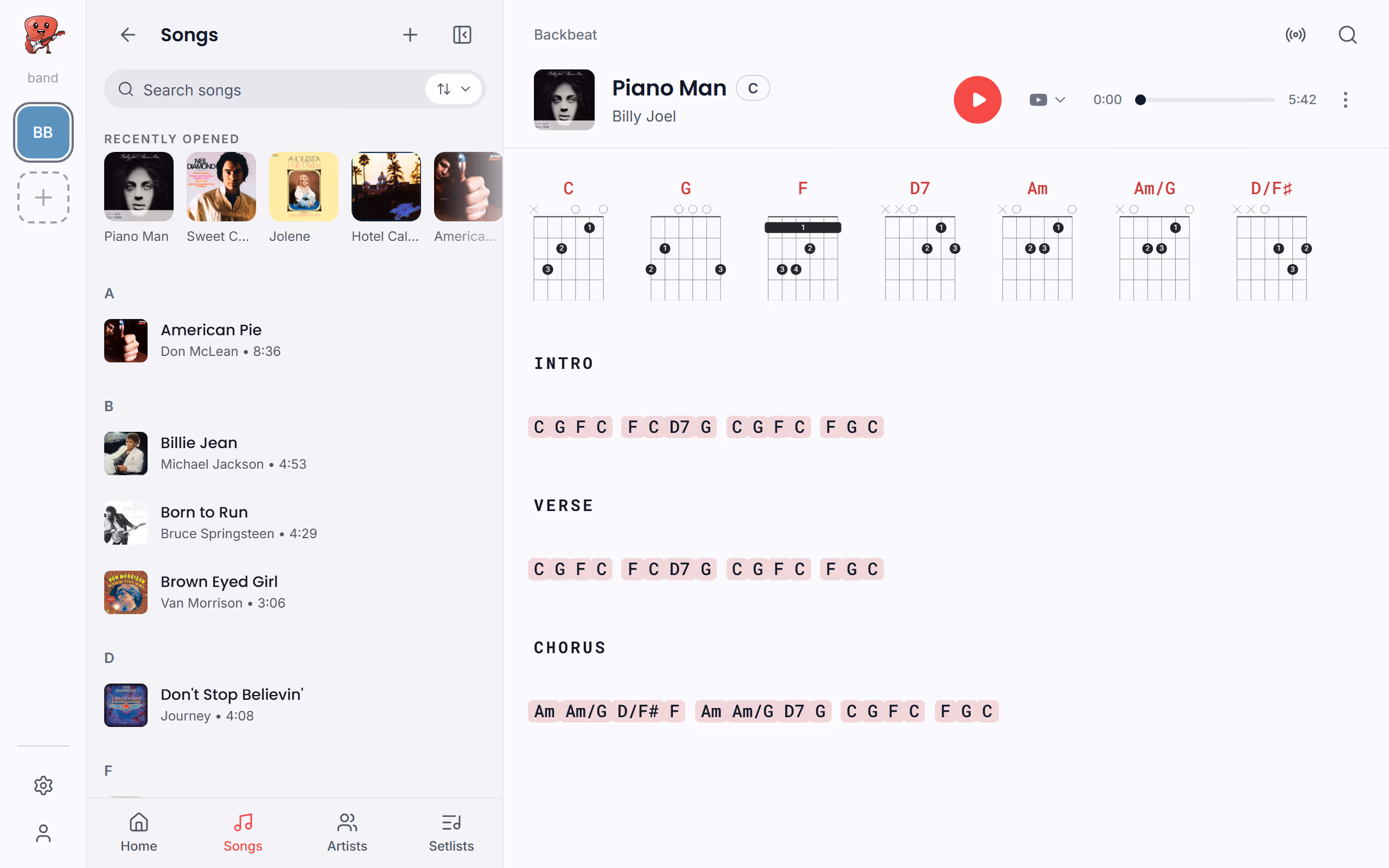 Recently opened, above your songs in the Stage Friend app on a computer
