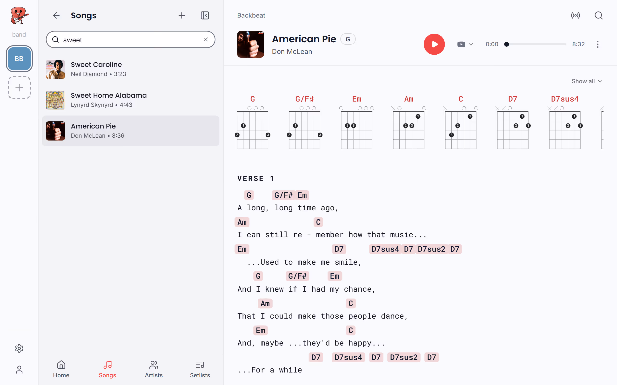 Your song list, searched in the Stage Friend app on a computer