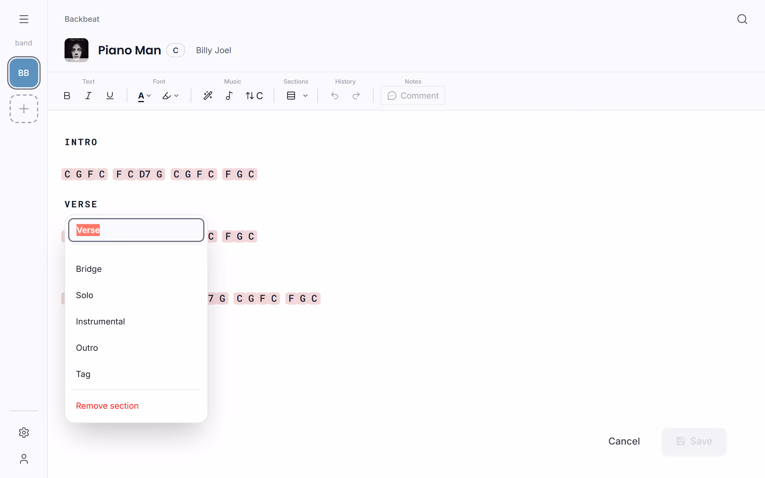 A section heading's editor in the Stage Friend app on a computer