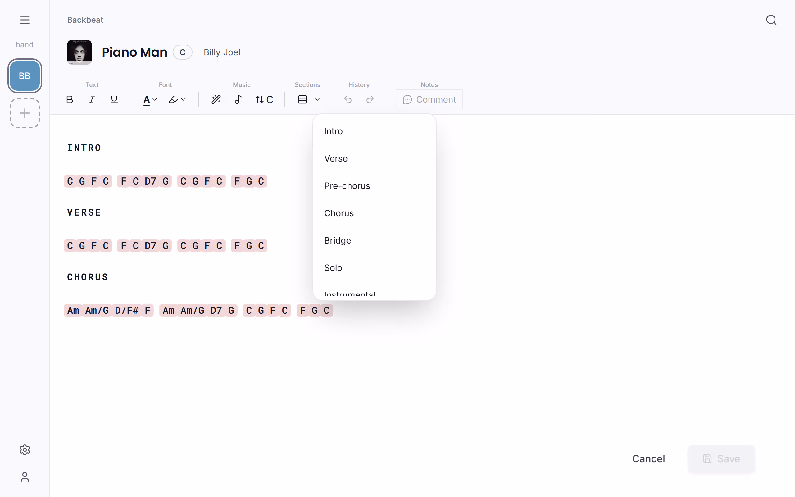 The kinds of section heading in the Stage Friend app on a computer
