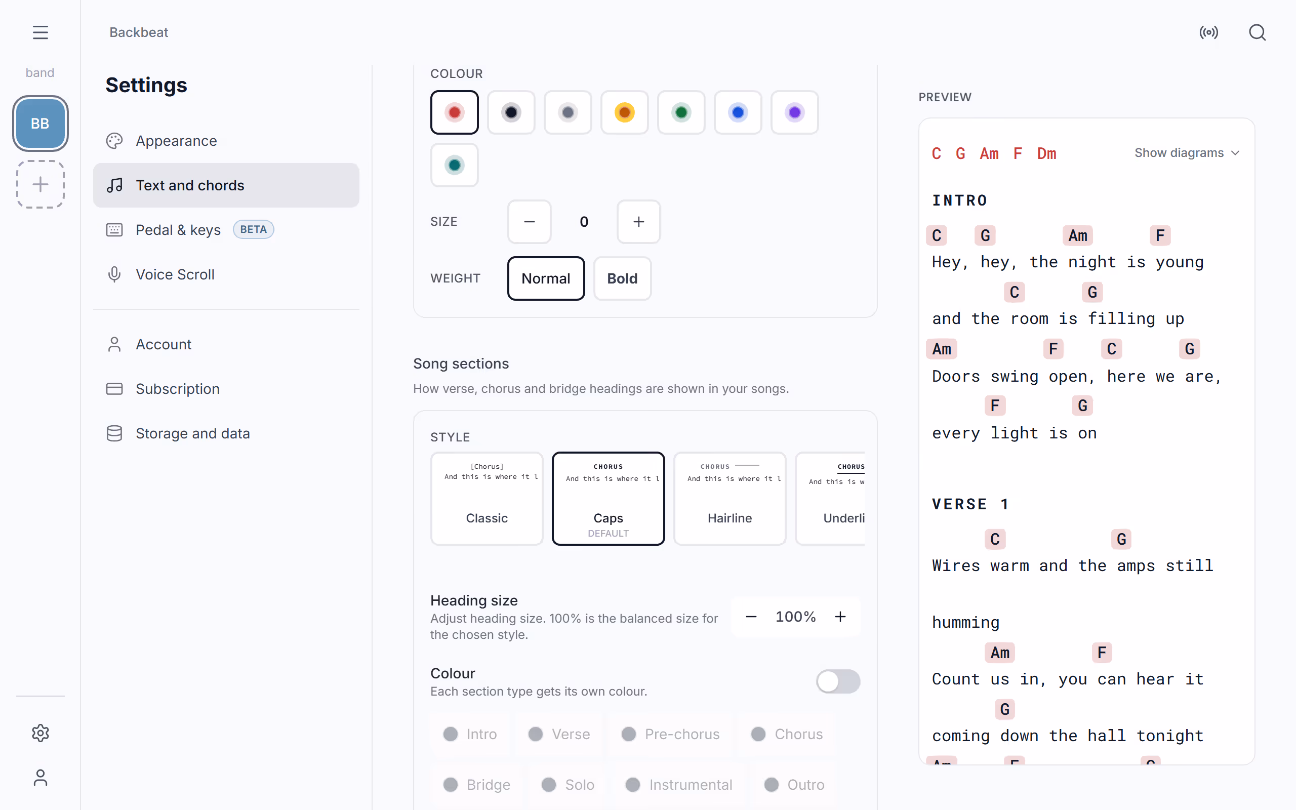 The section styles in Settings in the Stage Friend app on a computer