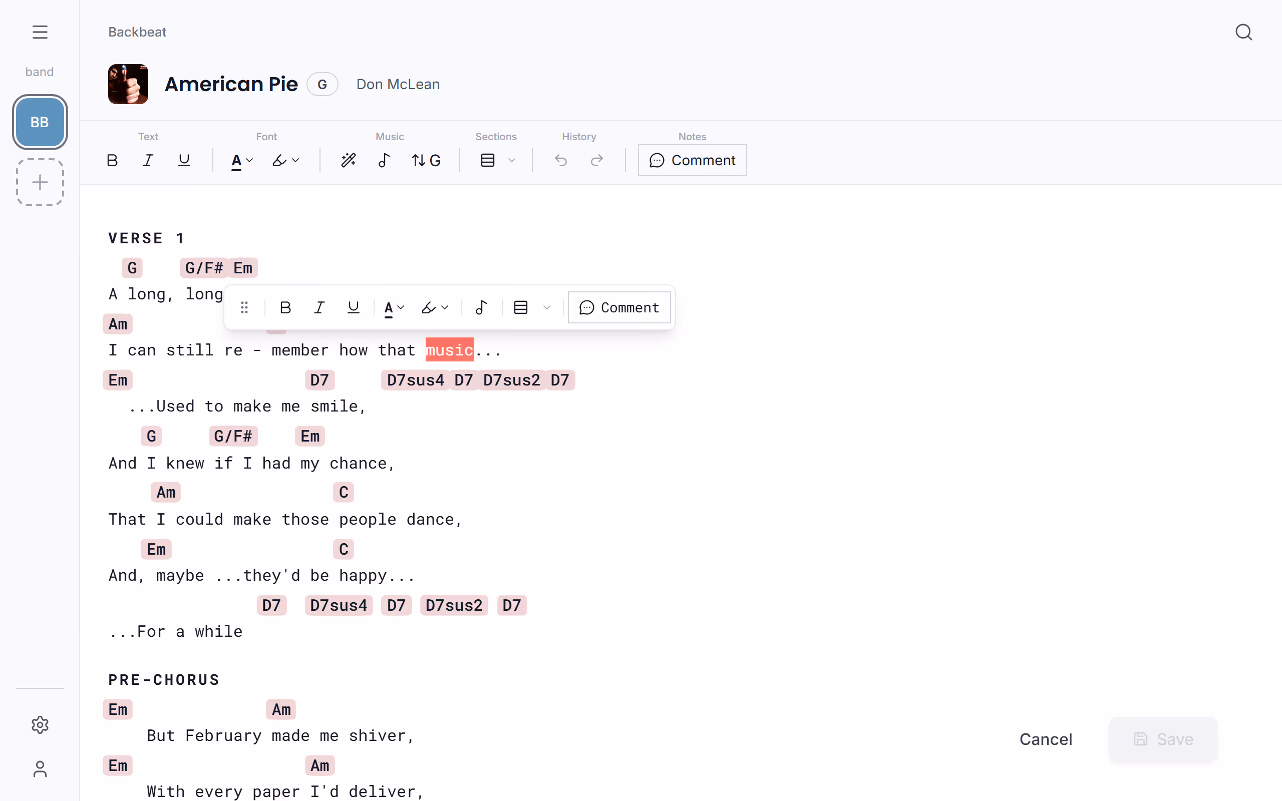 The toolbar over selected words in the Stage Friend app on a computer