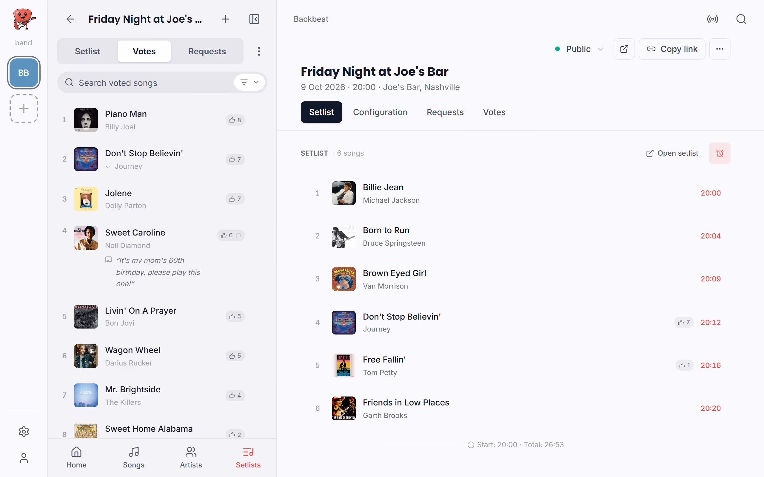 Set times on the gig page in the Stage Friend app on a computer