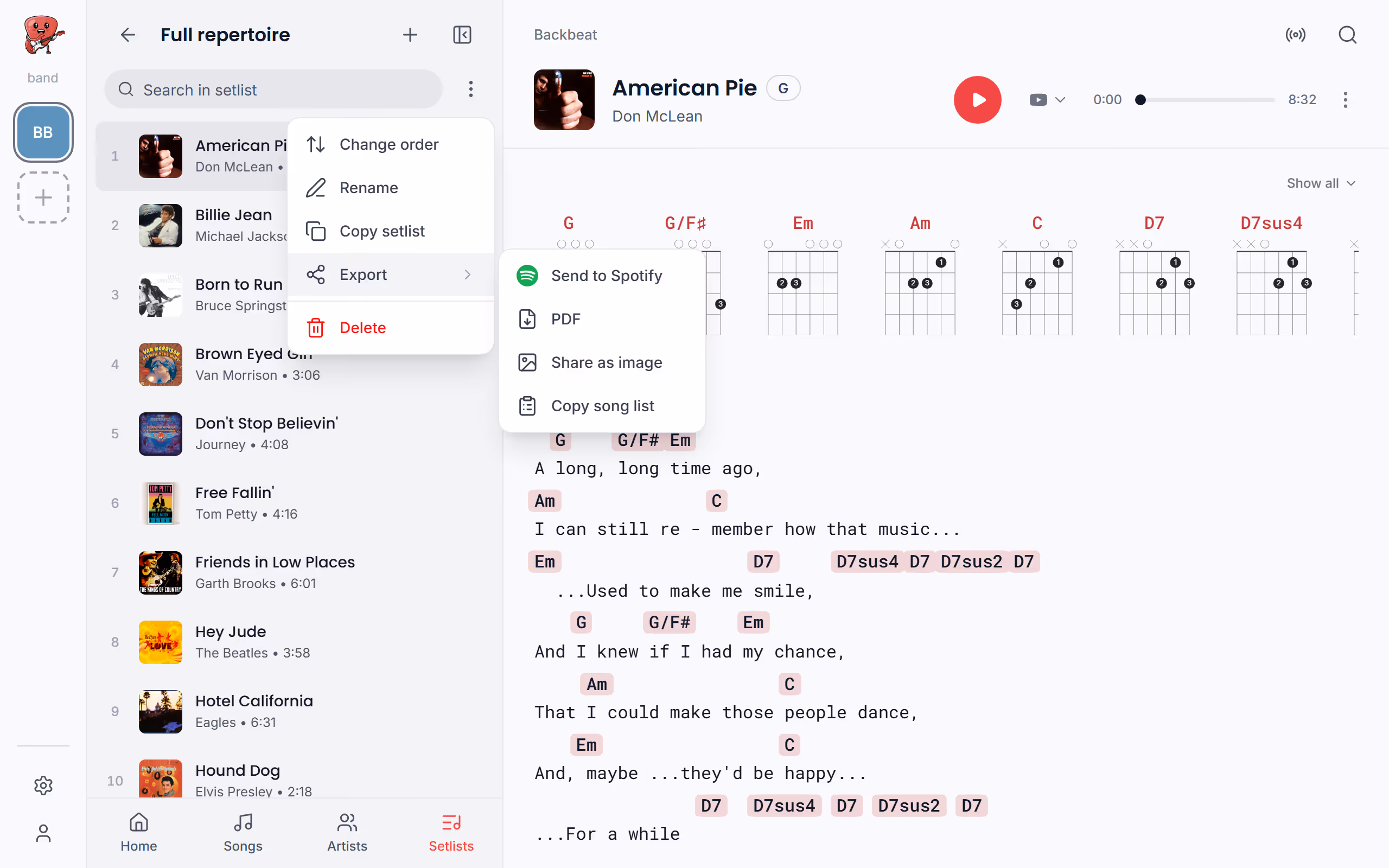 The setlist's Export choices in the Stage Friend app on a computer