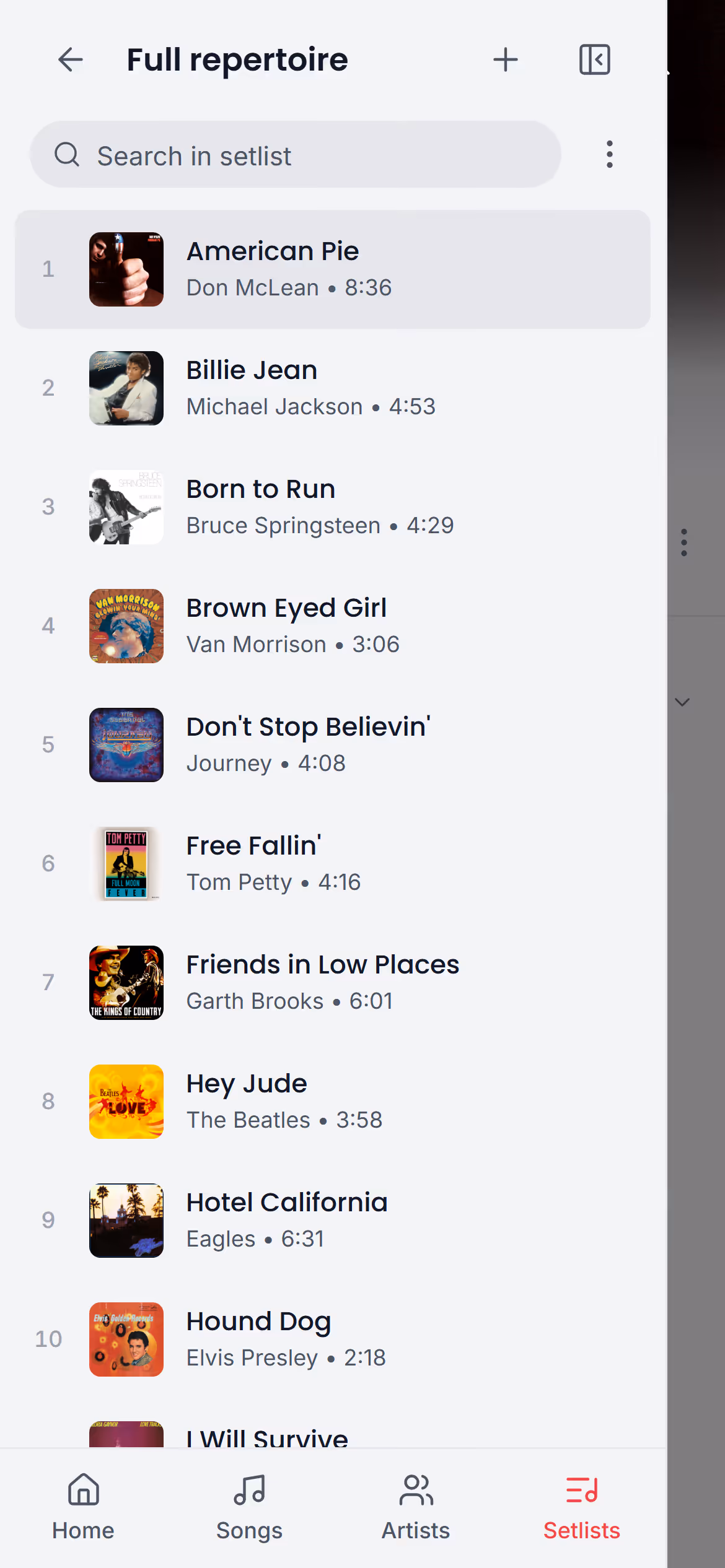 Press and hold a song to move it in the Stage Friend app on a phone