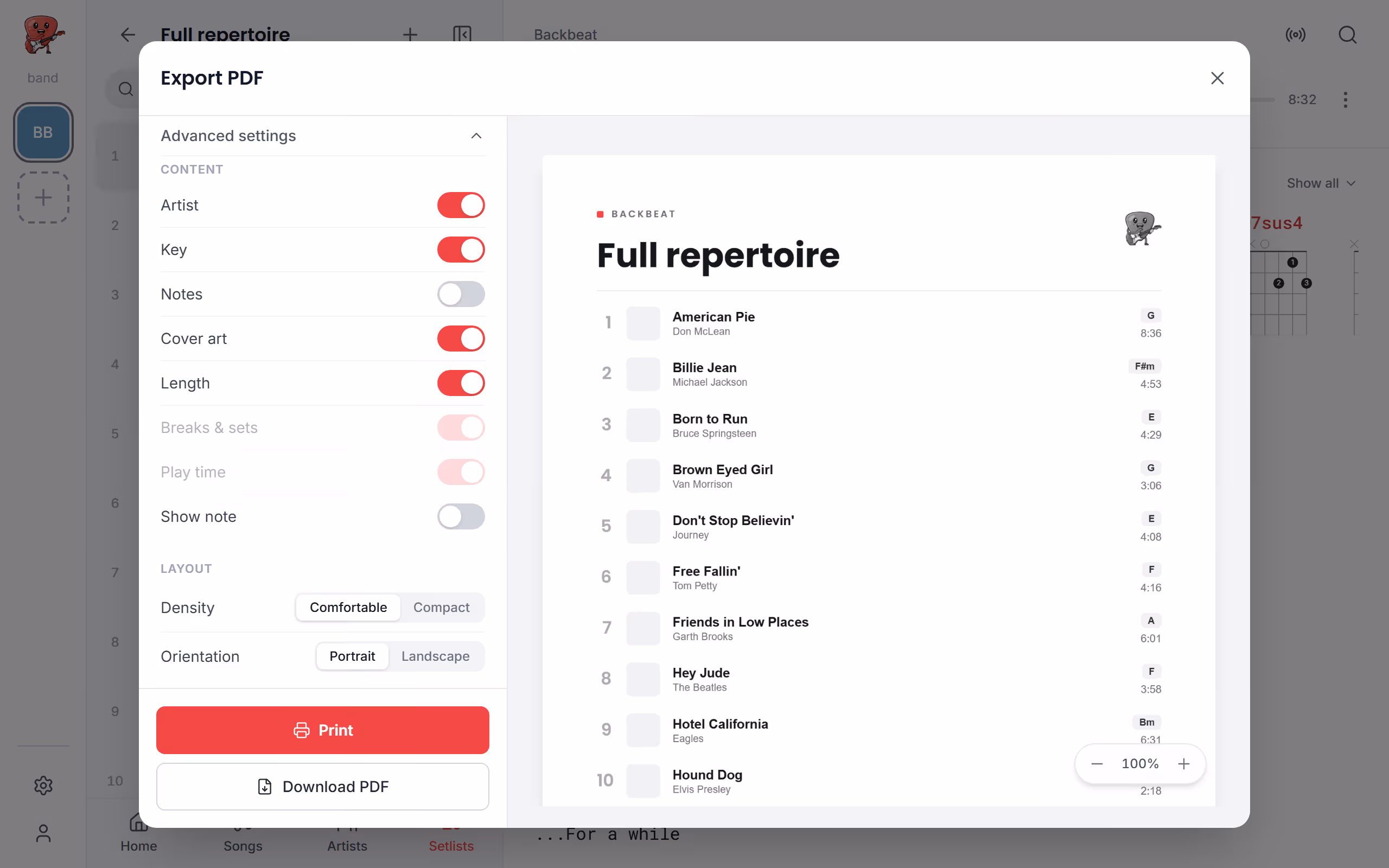 The advanced settings of a setlist's PDF in the Stage Friend app on a computer
