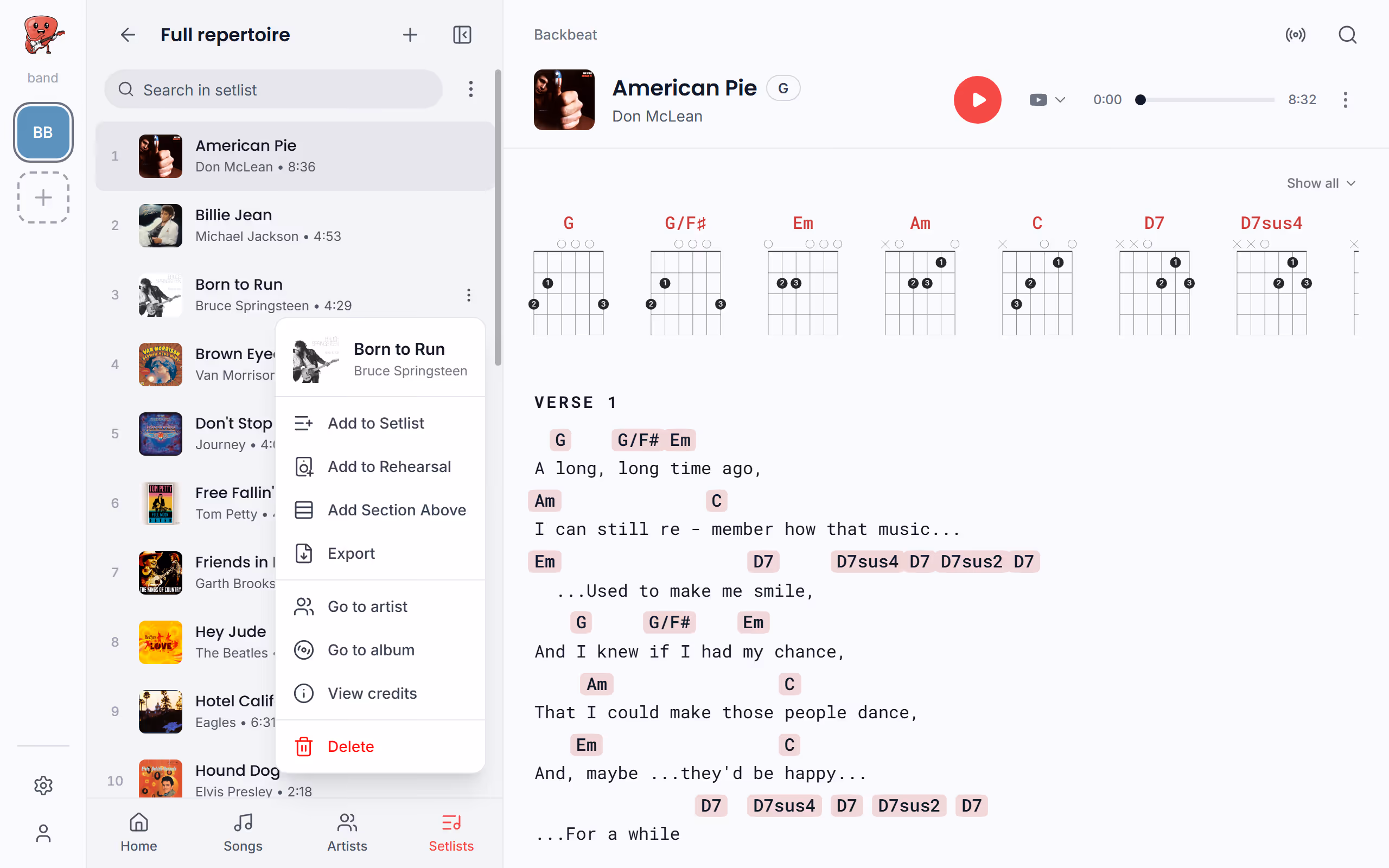 Remove a song from a setlist in the Stage Friend app on a computer