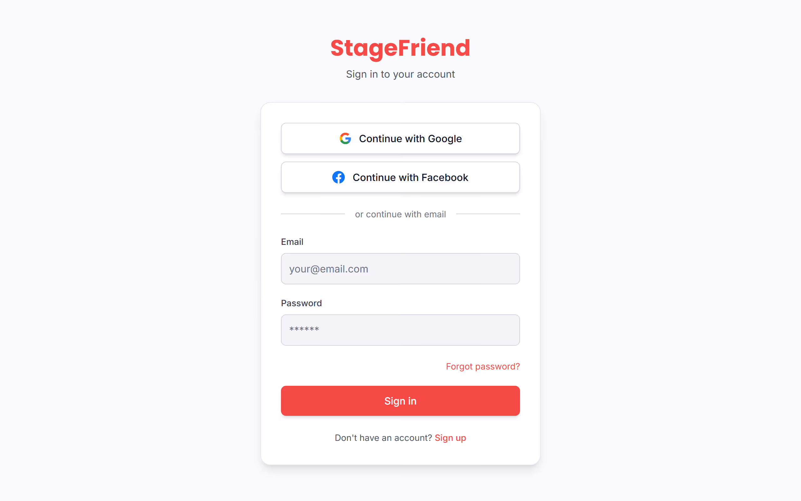 The sign-in page in the Stage Friend app on a computer
