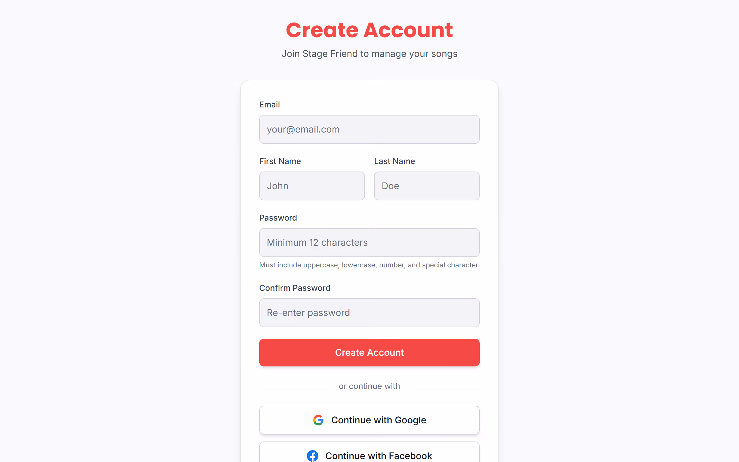 The sign-up page in the Stage Friend app on a computer