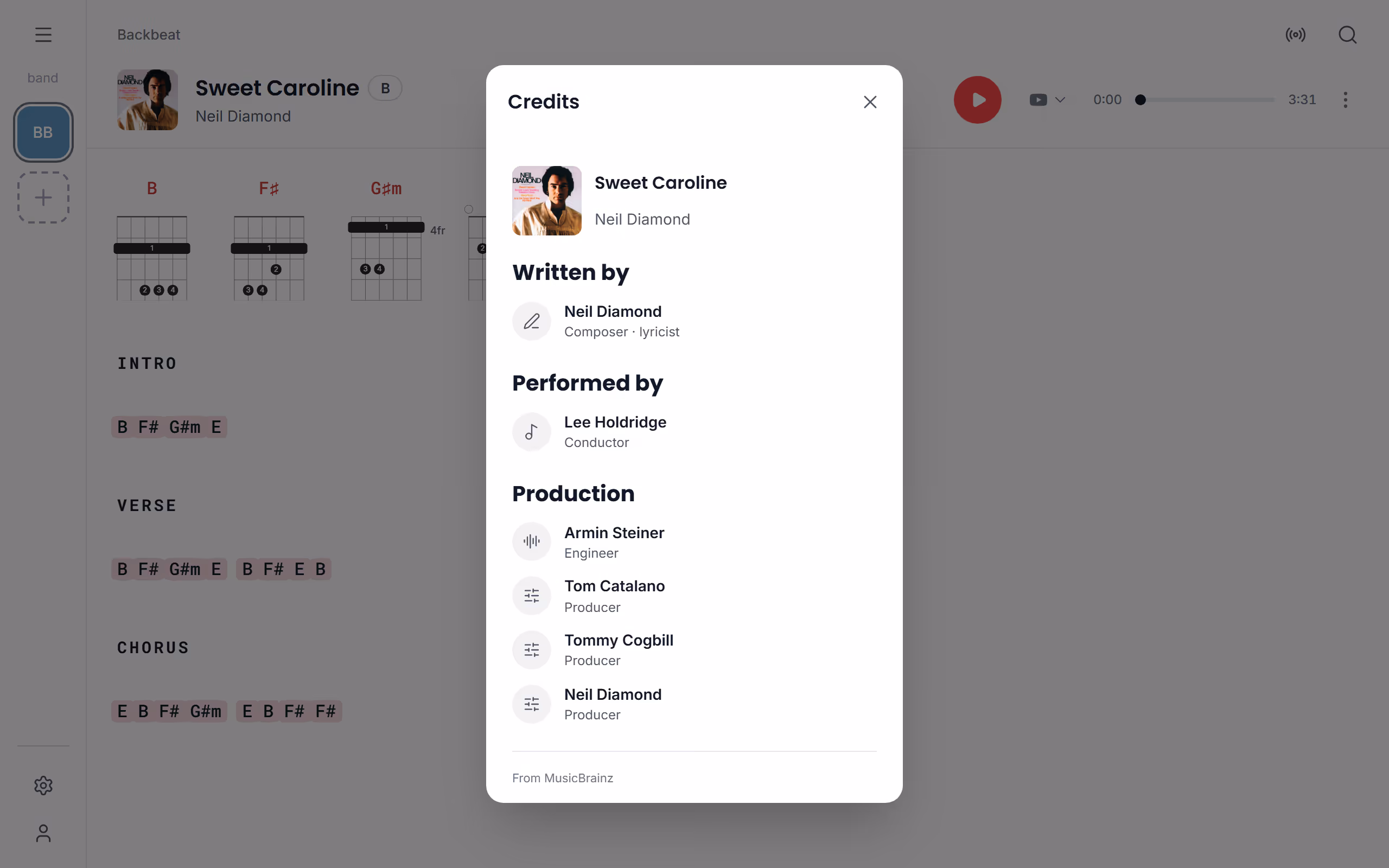 A song's credits in the Stage Friend app on a computer