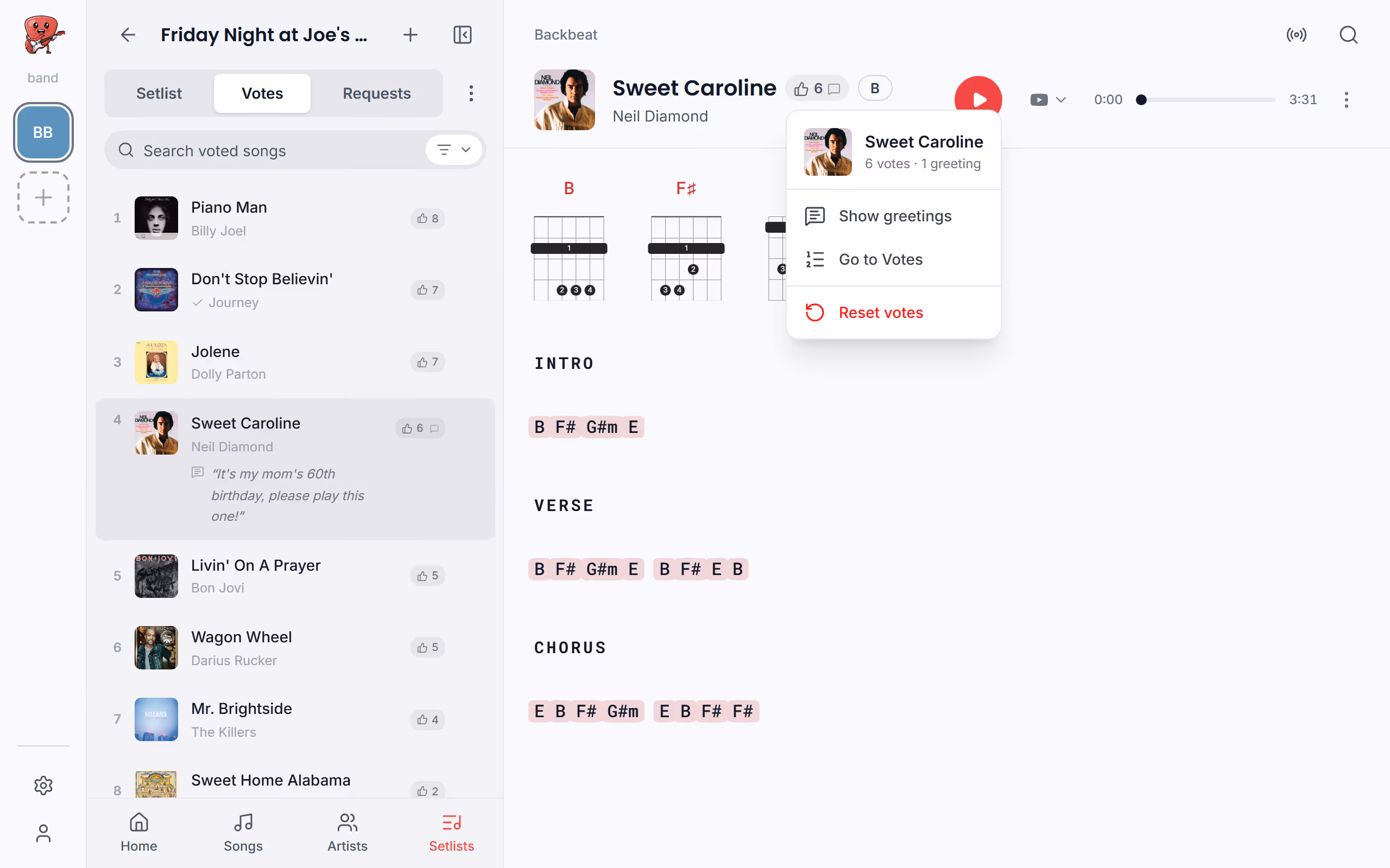 A song's vote count and its menu in the Stage Friend app on a computer
