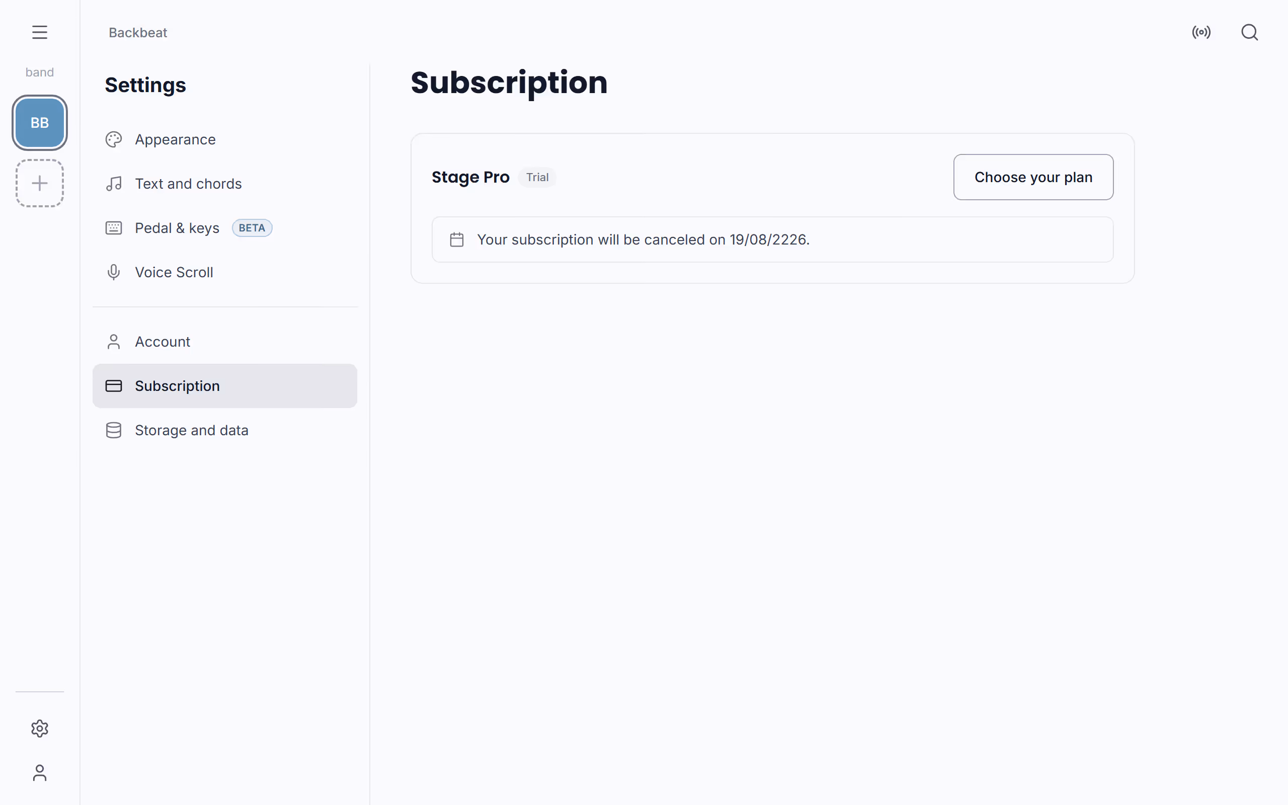 Your plan in Settings in the Stage Friend app on a computer