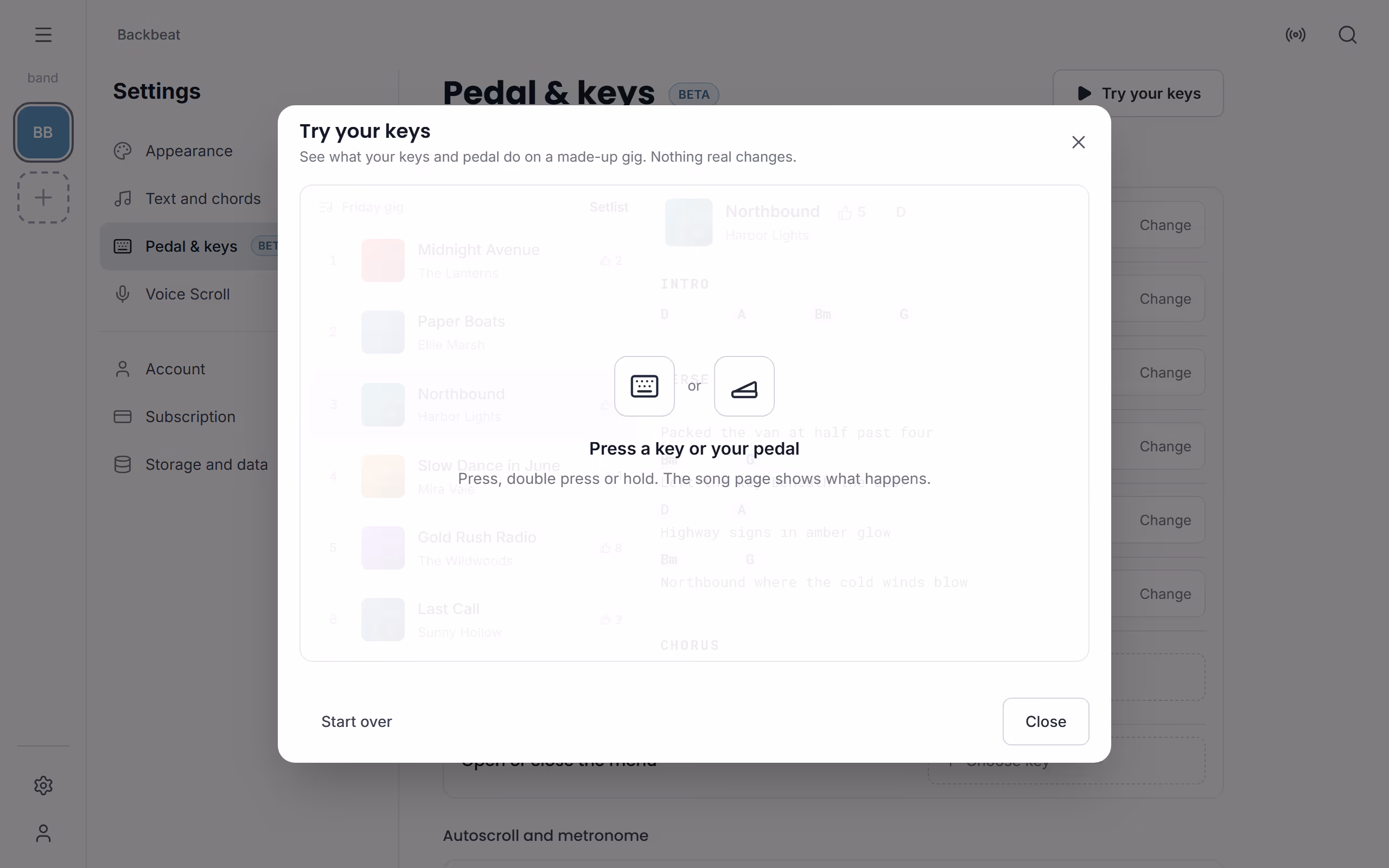 Trying your keys on a made-up gig in the Stage Friend app on a computer
