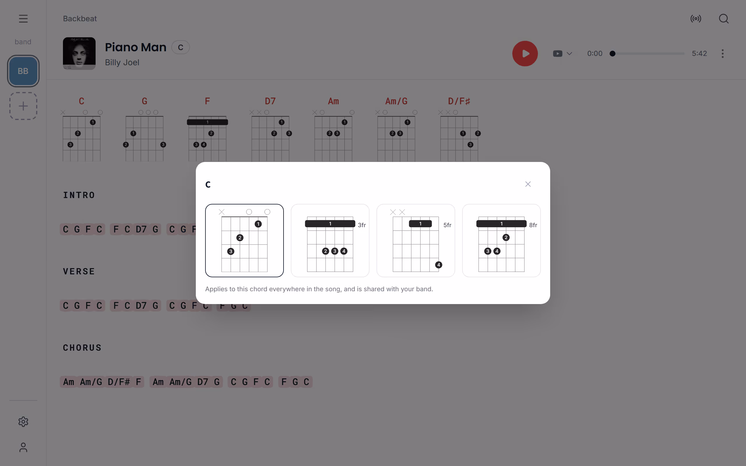 Choosing another fingering in the Stage Friend app on a computer
