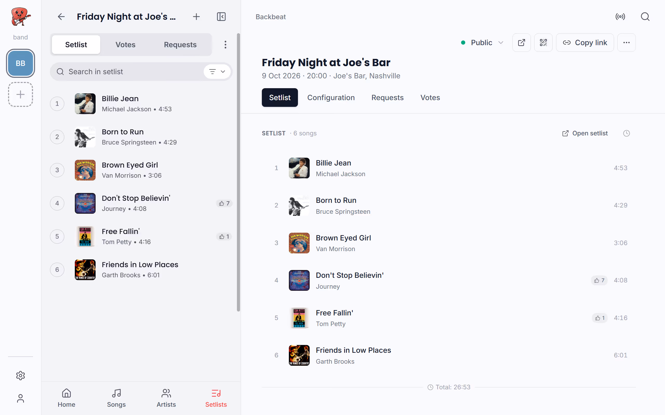 Check off songs as you play them, step by step in the Stage Friend app on a computer