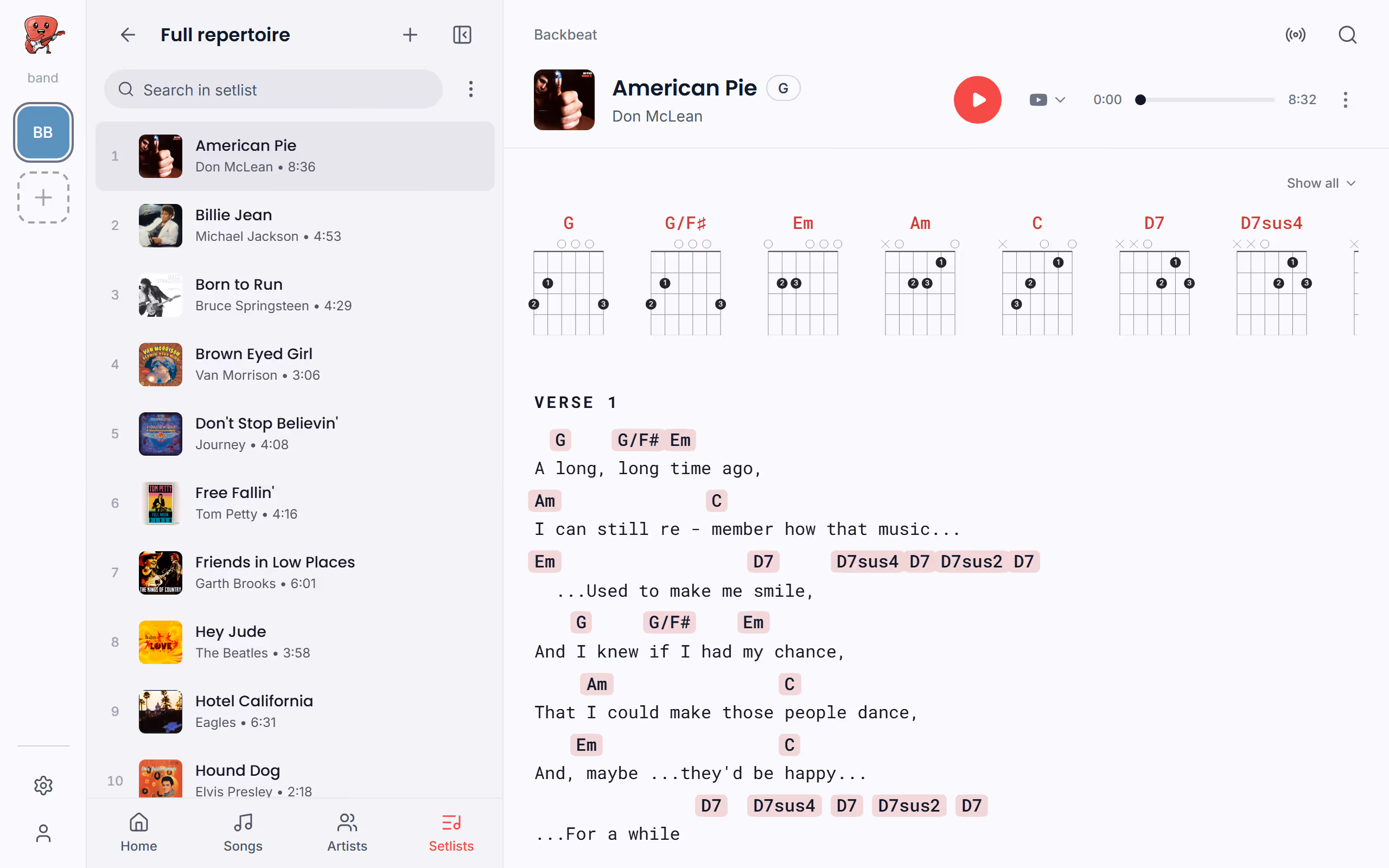 Play through a setlist song by song, step by step in the Stage Friend app on a computer